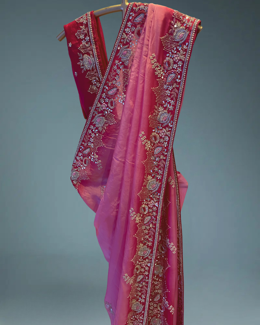 Heirloom Pure crepe satin silk saree in heavy zardozi handwork in pink color