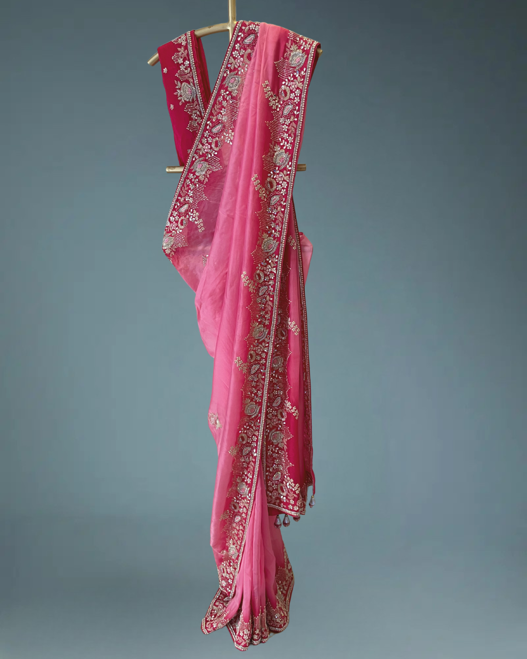 Heirloom Pure crepe satin silk saree in heavy zardozi handwork in pink color