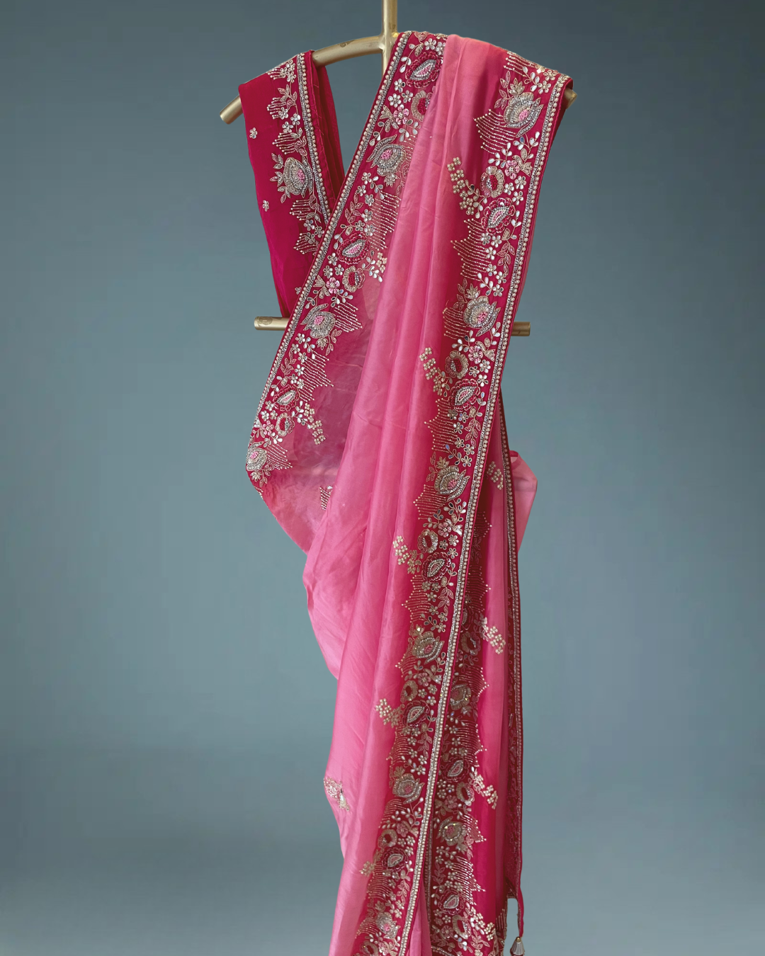 Heirloom Pure crepe satin silk saree in heavy zardozi handwork in pink color