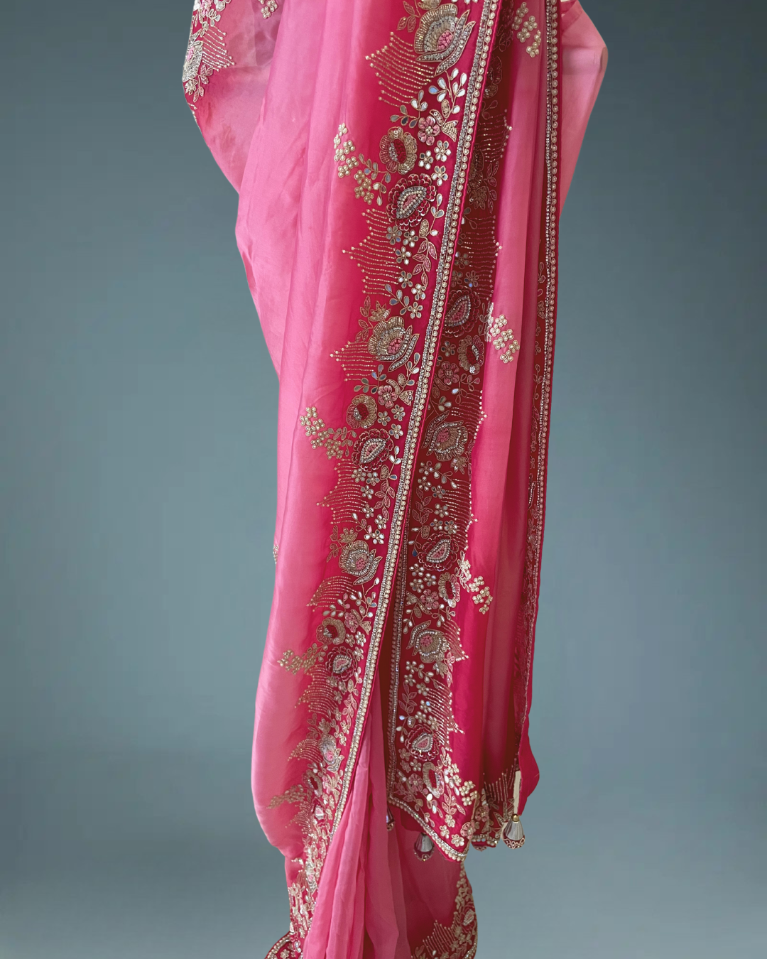 Heirloom Pure crepe satin silk saree in heavy zardozi handwork in pink color