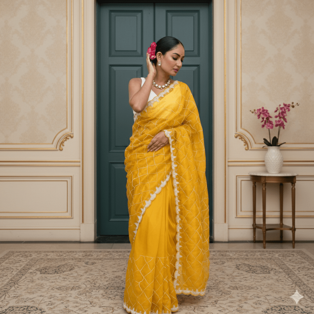 Haldi Yellow Designer Organza Saree | Heavy Pearl & Cutdana Jaal Work - Kalyanam By Swati