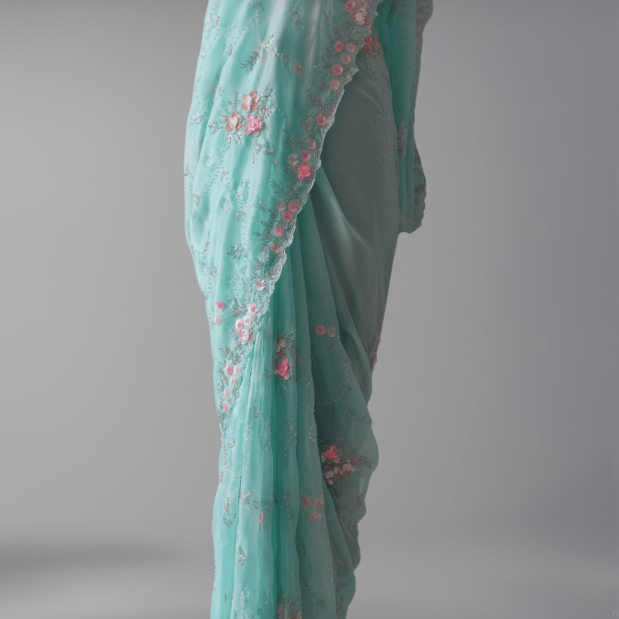 Pastel Sea Blue Party Wear Pure Organza Saree - Kalyanam By Swati