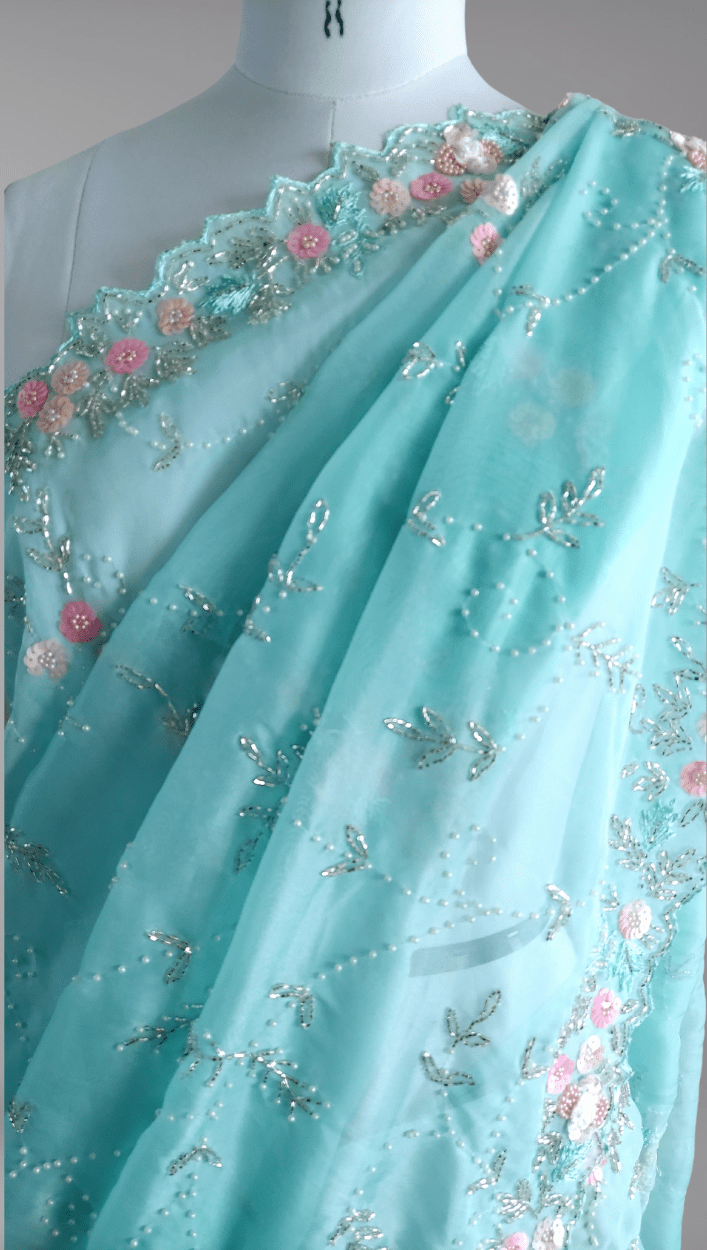 Pastel Sea Blue Party Wear Pure Organza Saree - Kalyanam By Swati