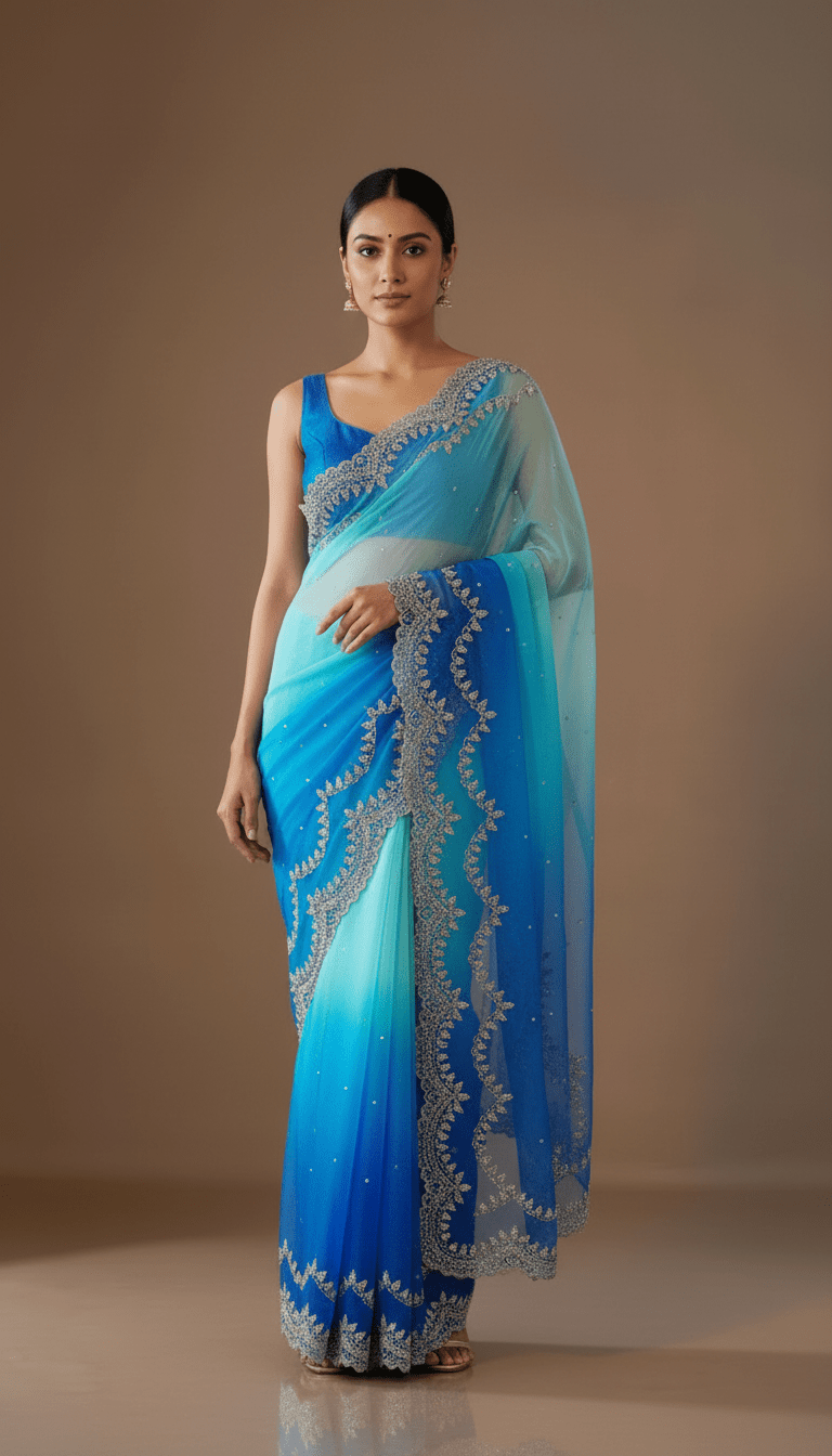 Pure Organza Saree in heavy zardozi handwork in ombré shades (Not viscose organza) - Kalyanam By Swati