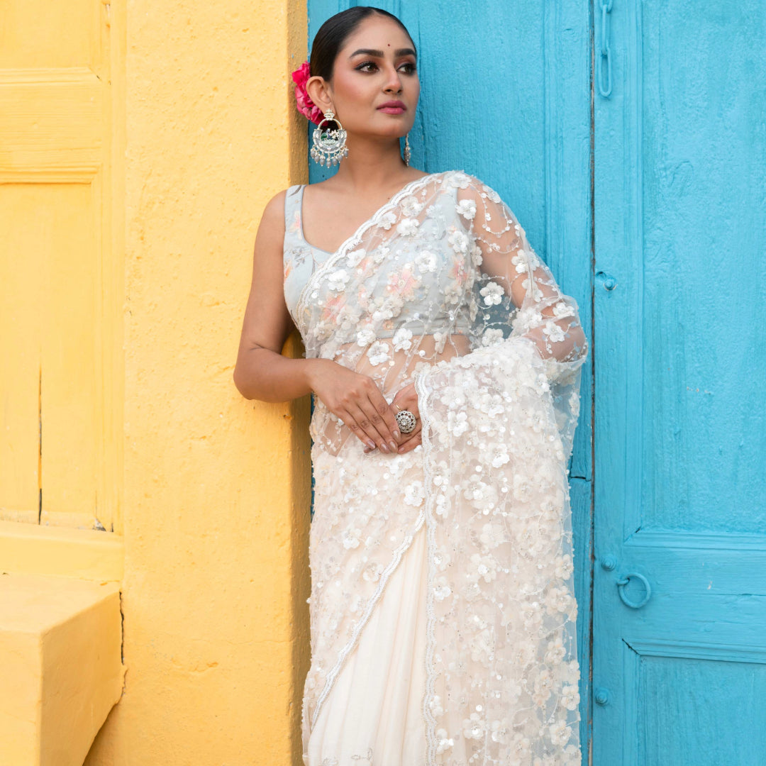 Designer Party wear Half and Half Net saree in white - Kalyanam By Swati