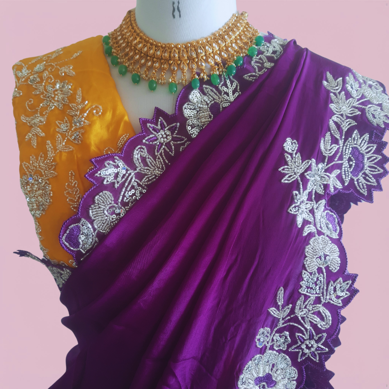 Pure crepe satin silk saree in silver cutdana, pearls and sequins handwork in purple color - Kalyanam By Swati