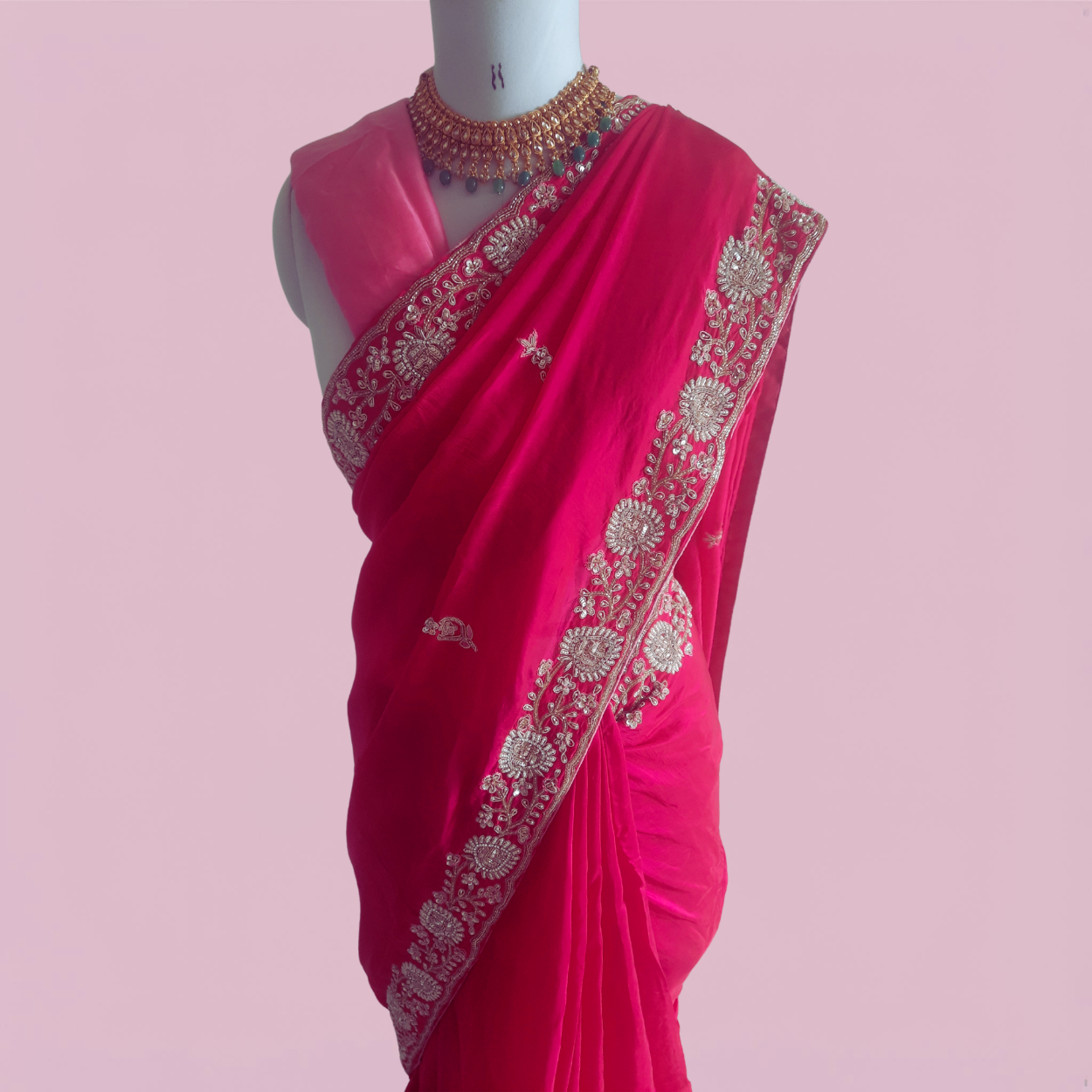 Pure crepe silk saree in heavy zardozi handwork in hot pink color - Kalyanam By Swati