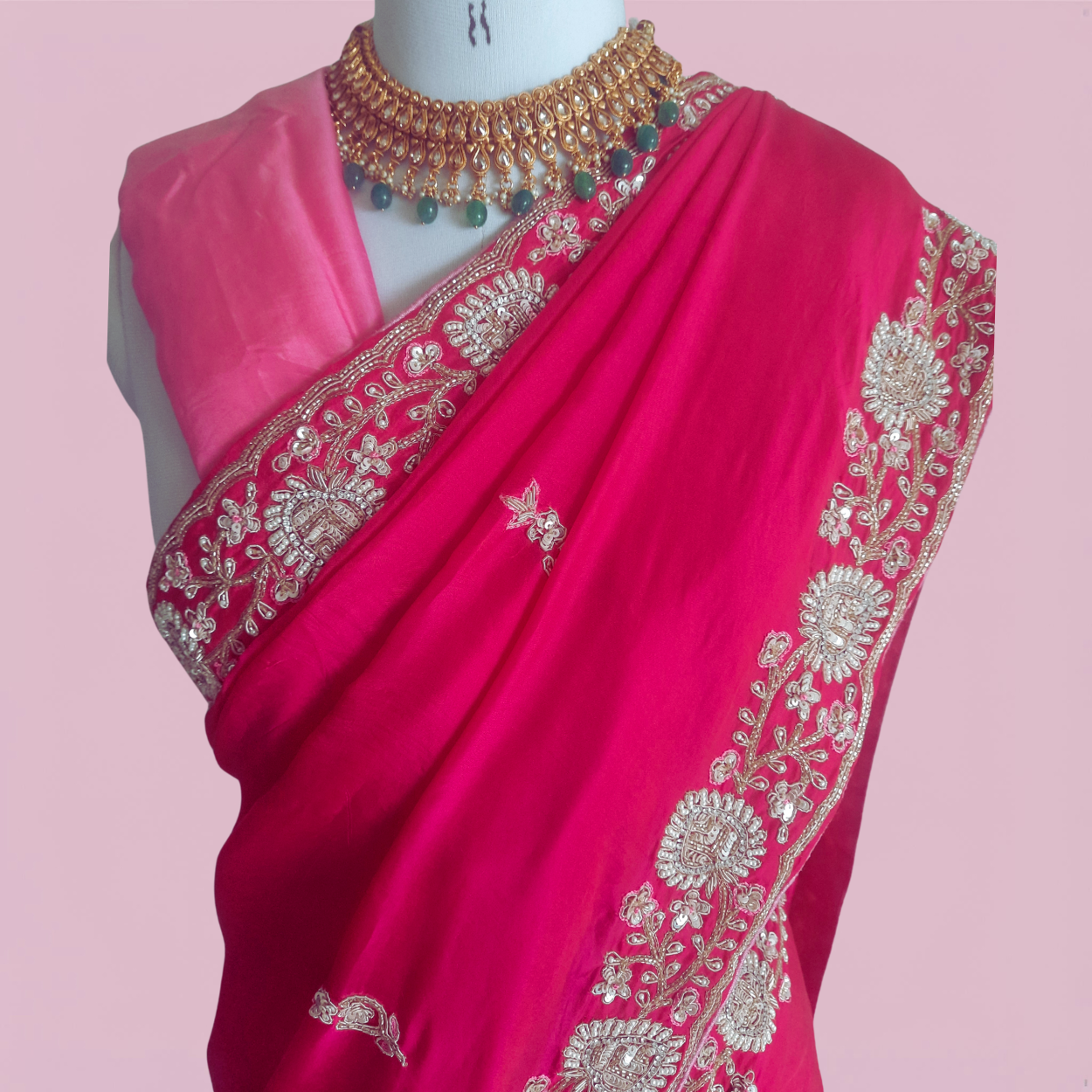 Pure crepe silk saree in heavy zardozi handwork in hot pink color - Kalyanam By Swati