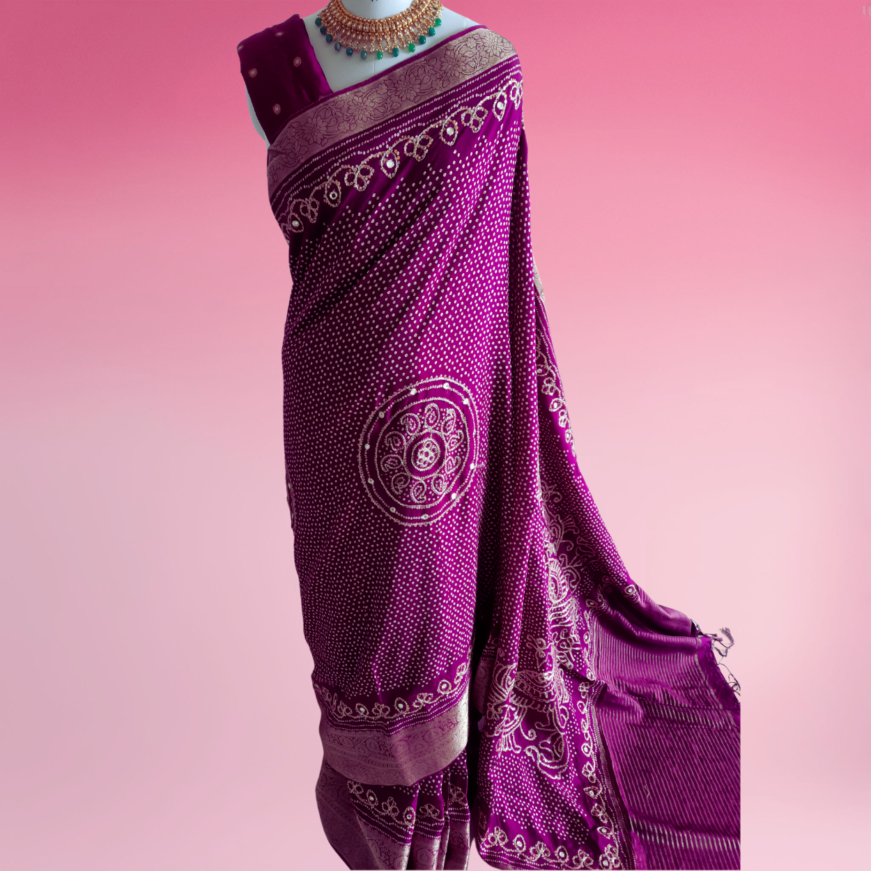 Pure banarasi munga silk bandhej saree in hand dabka work and peacock motifs - Kalyanam By Swati