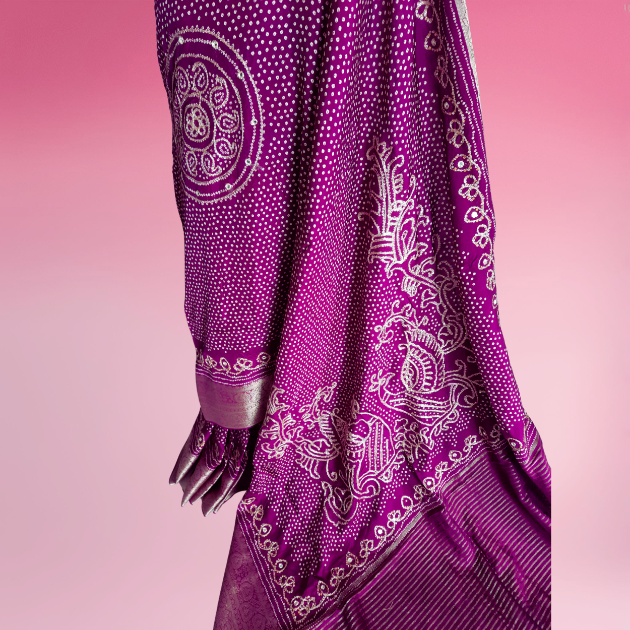 Pure banarasi munga silk bandhej saree in hand dabka work and peacock motifs - Kalyanam By Swati