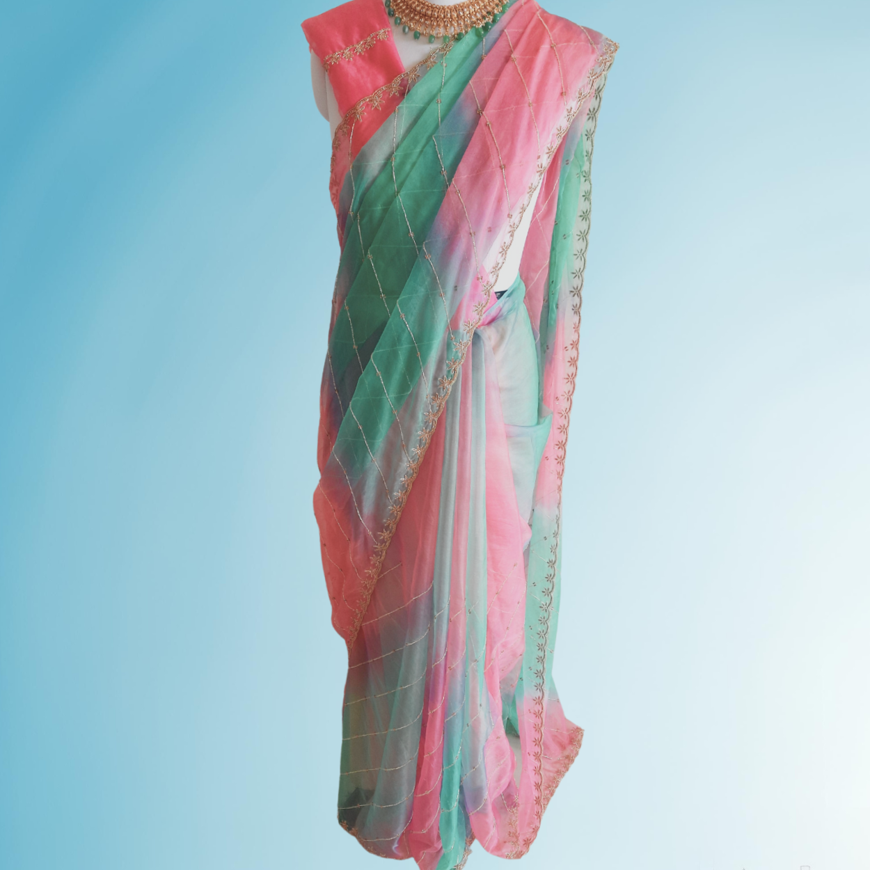 Pink shaded Pure Organza Saree in cutdana and stones handwork - Kalyanam By Swati