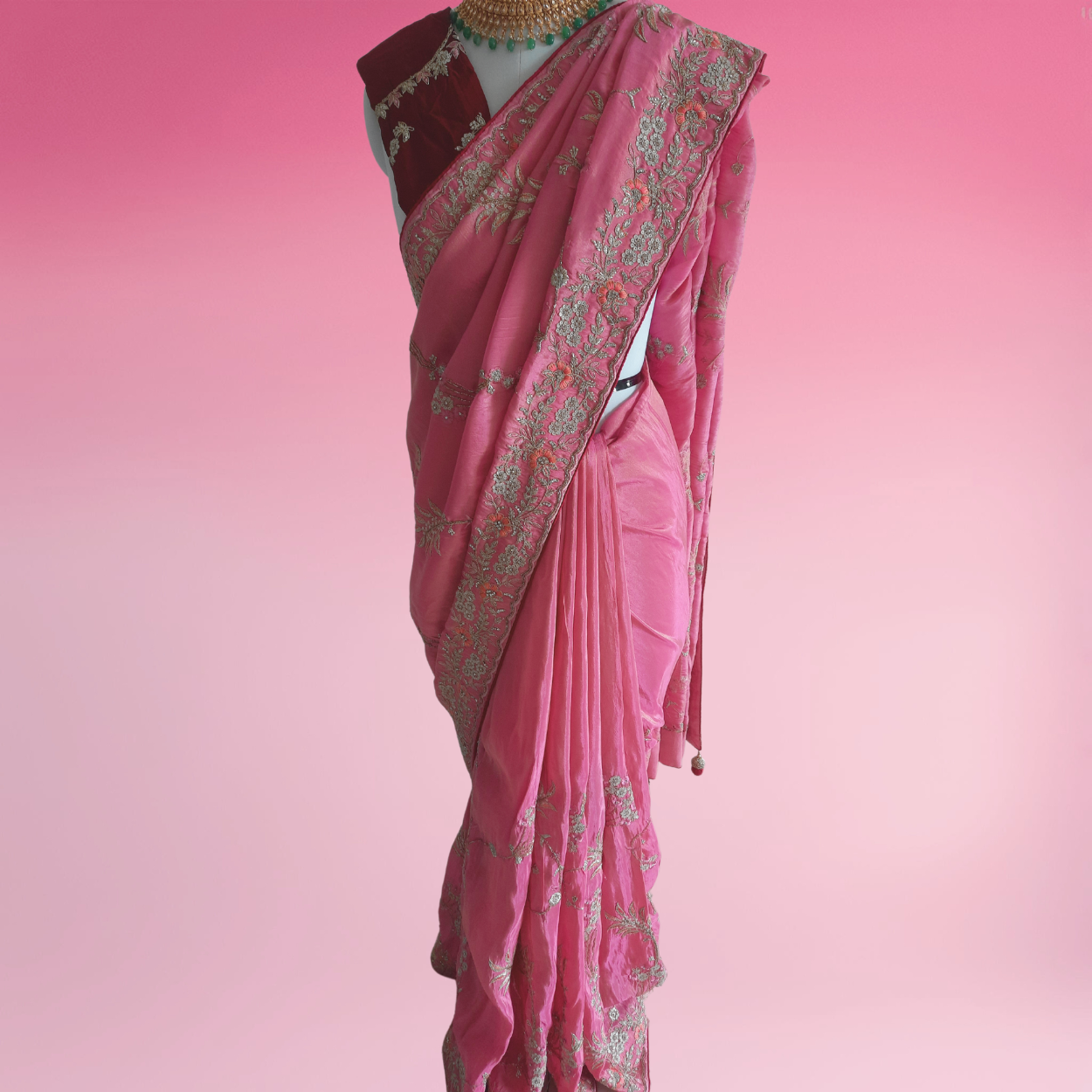 Banarasi tissue Silk Bridal (Wedding) Saree in all over Zari hand weaving in pink colour - Kalyanam By Swati