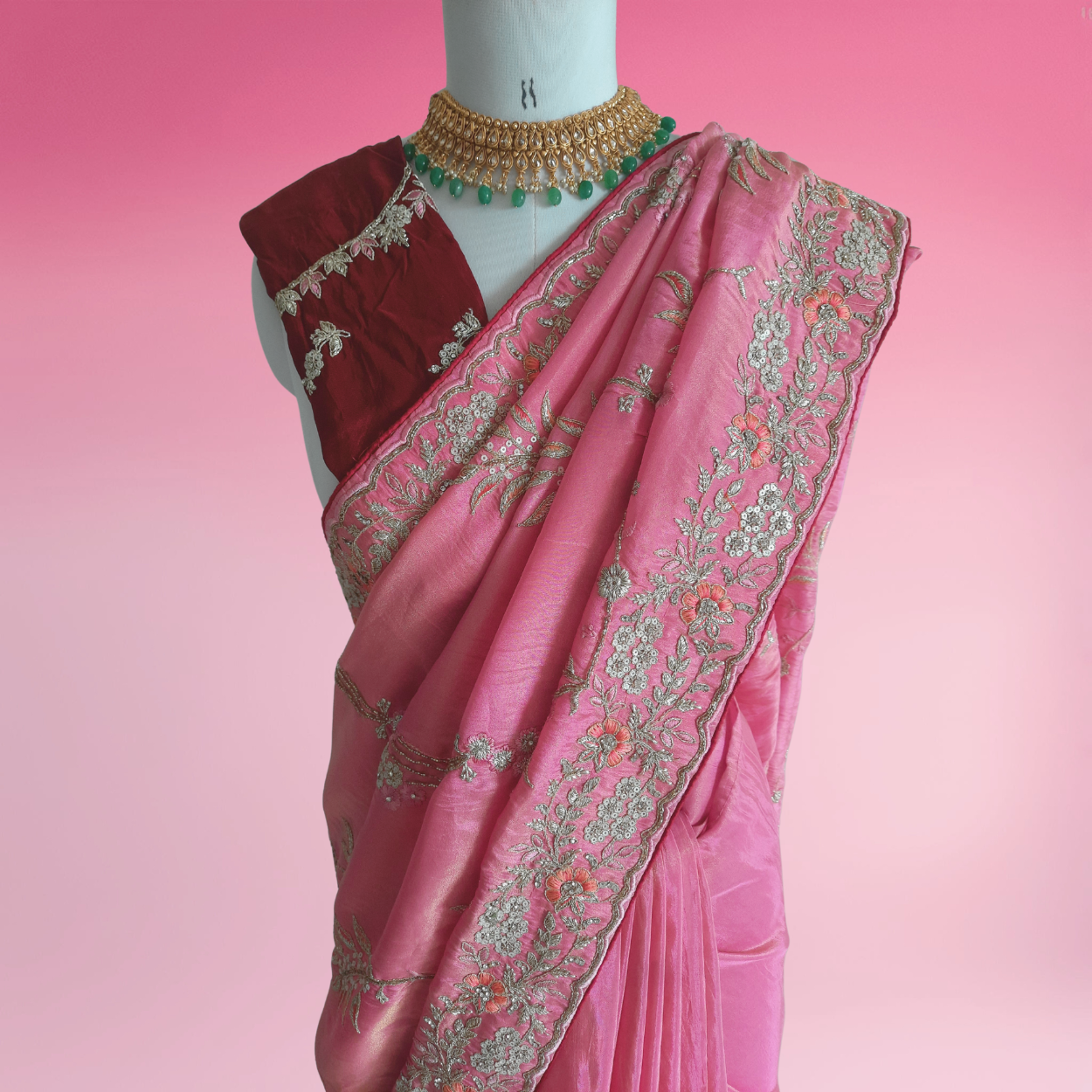 Banarasi tissue Silk Bridal (Wedding) Saree in all over Zari hand weaving in pink colour - Kalyanam By Swati