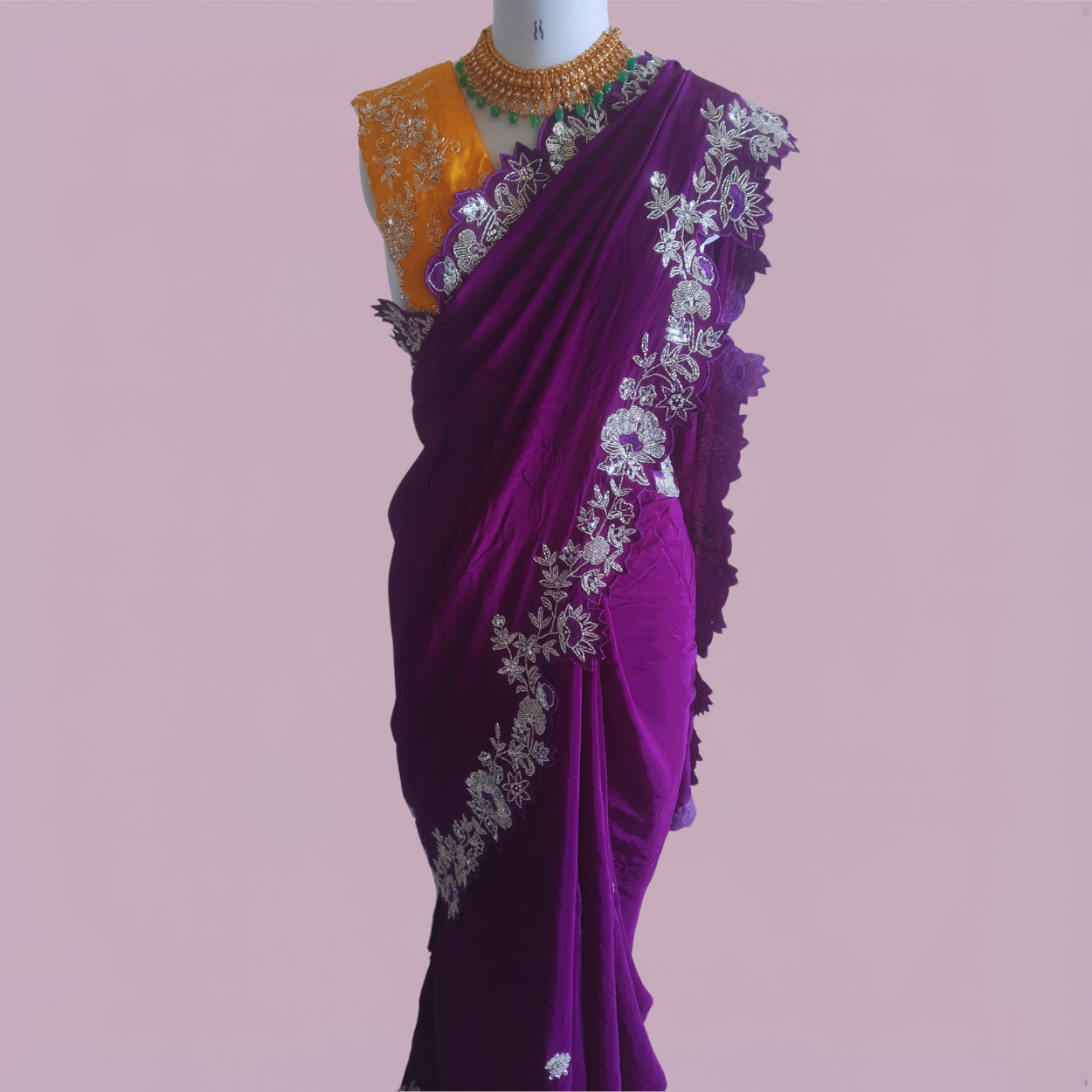 Pure crepe satin silk saree in silver cutdana, pearls and sequins handwork in purple color - Kalyanam By Swati