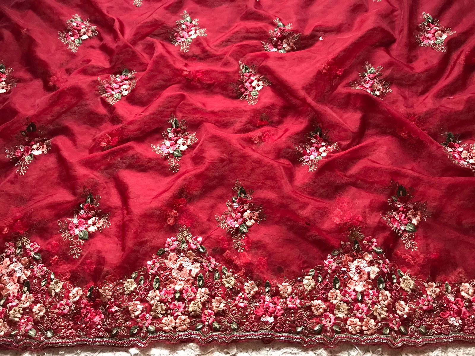 Pure Organza Saree in heavy hand embroidery in Red Maroon color - Kalyanam By Swati