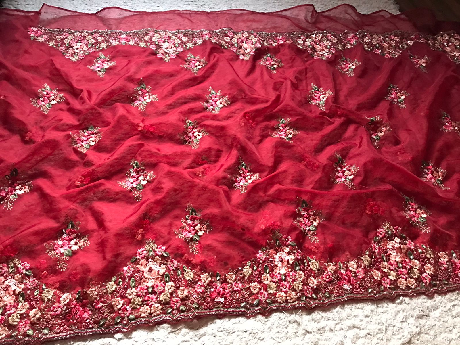 Pure Organza Saree in heavy hand embroidery in Red Maroon color - Kalyanam By Swati