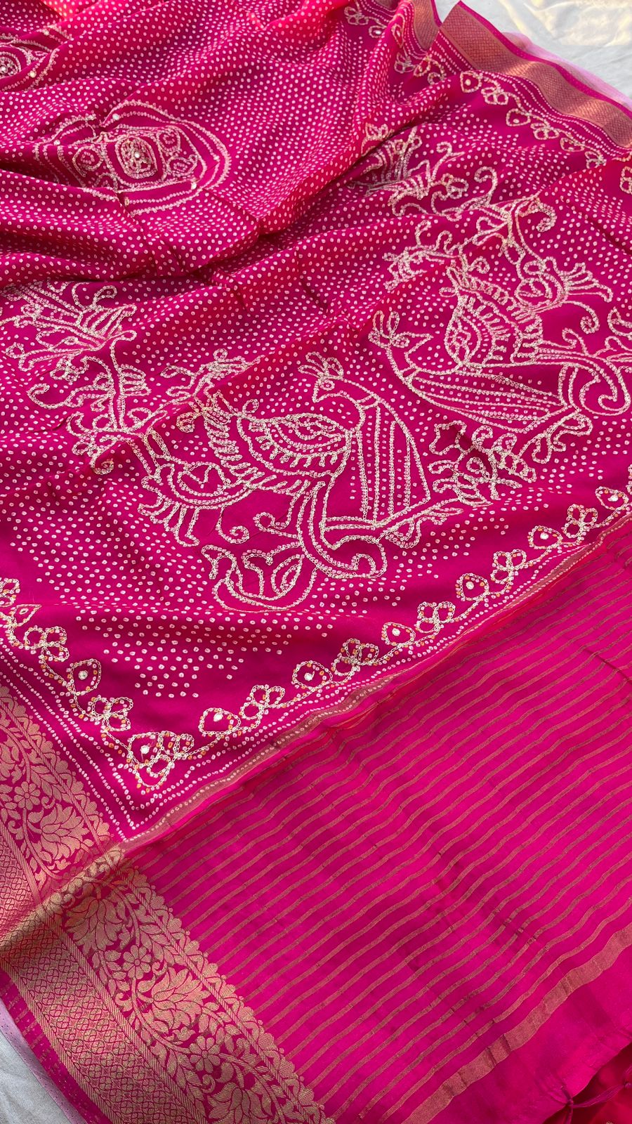 Pure banarasi munga silk bandhej saree in hand dabka work and peacock motifs - Kalyanam By Swati