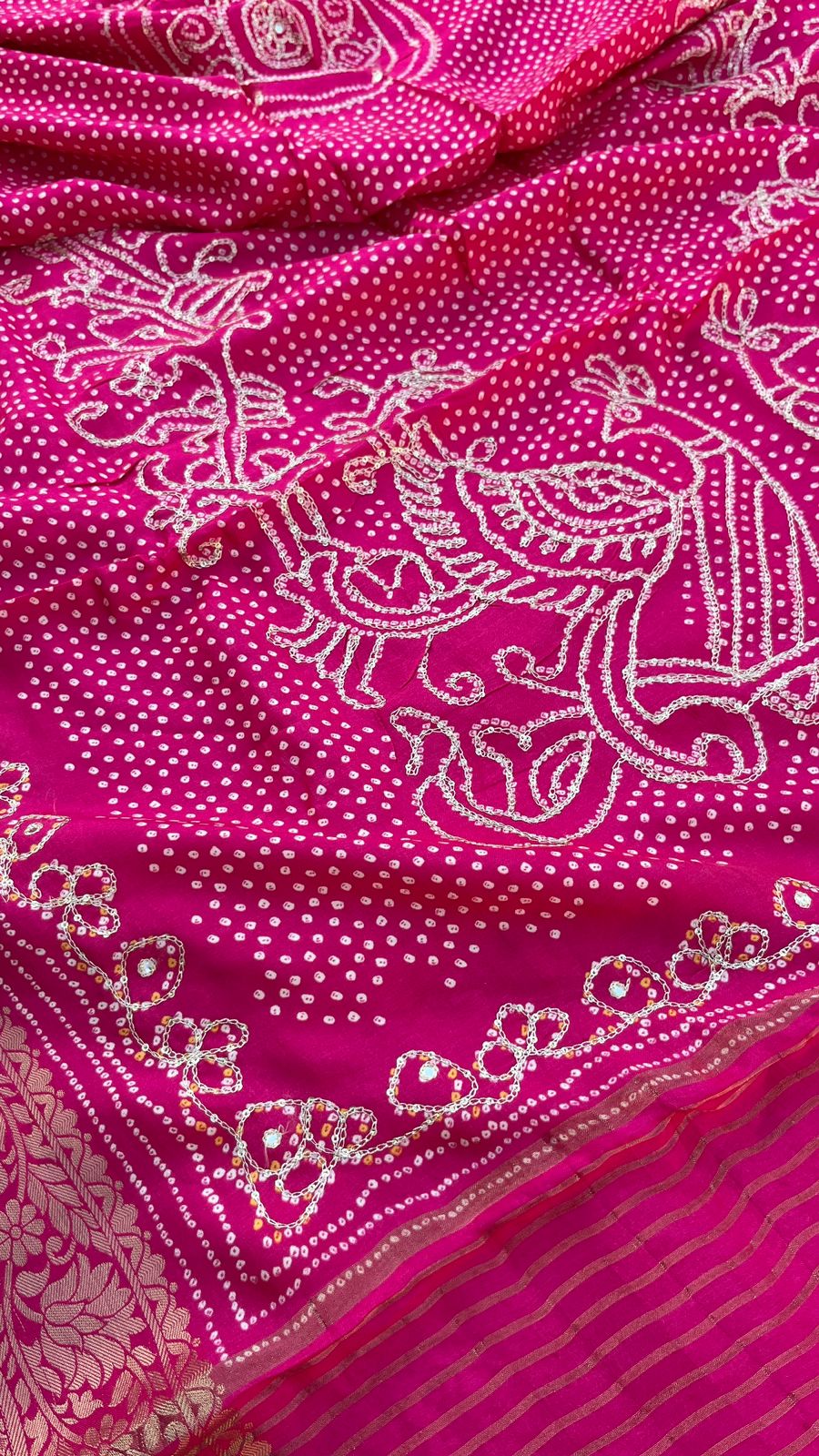 Pure banarasi munga silk bandhej saree in hand dabka work and peacock motifs - Kalyanam By Swati