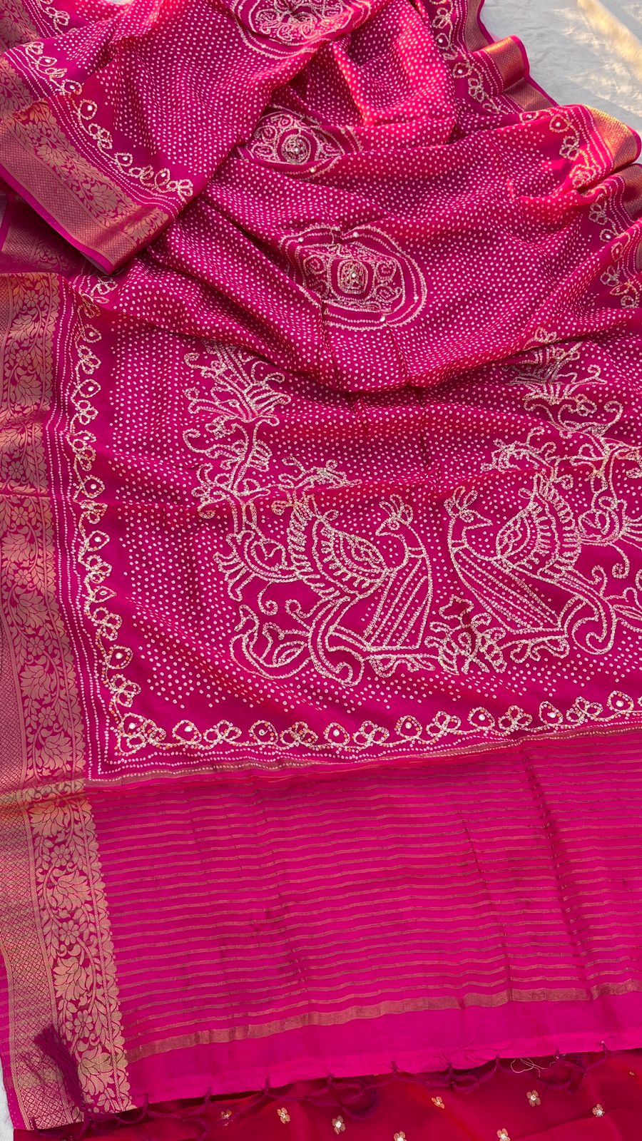 Pure banarasi munga silk bandhej saree in hand dabka work and peacock motifs - Kalyanam By Swati