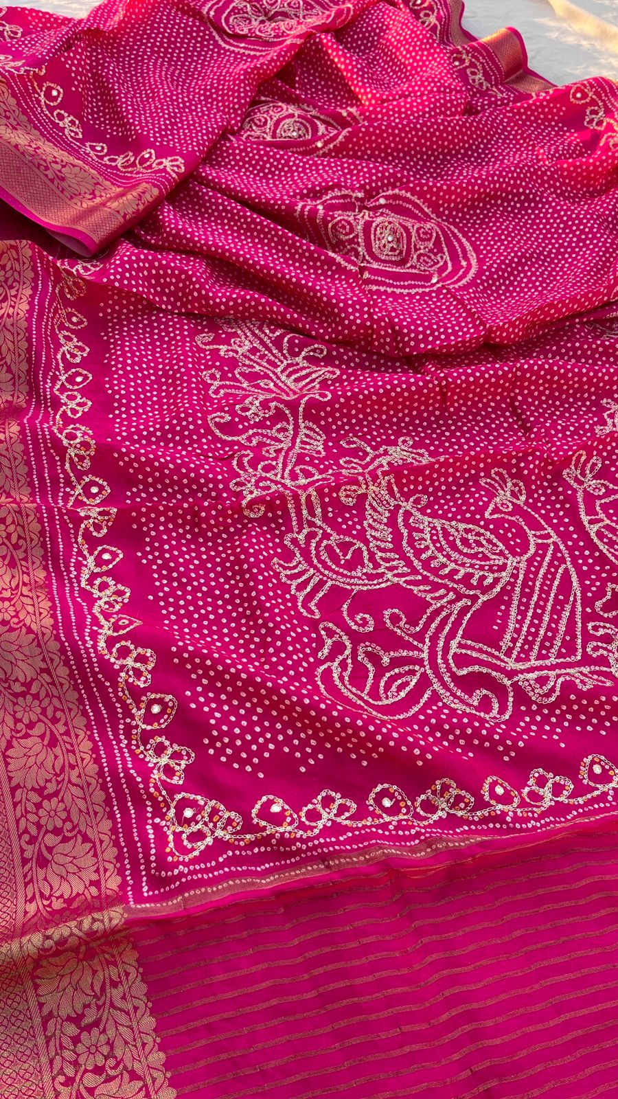 Pure banarasi munga silk bandhej saree in hand dabka work and peacock motifs - Kalyanam By Swati