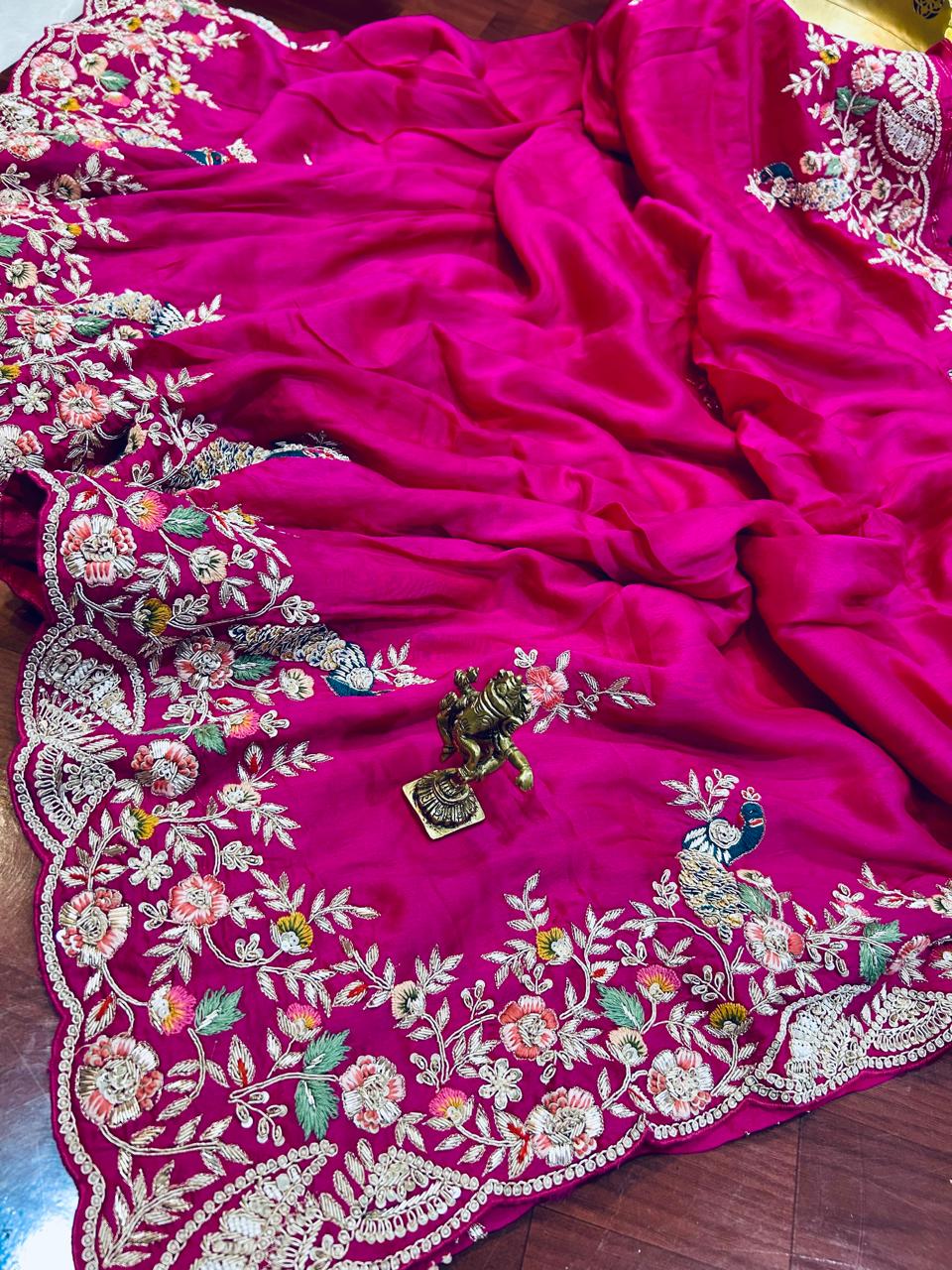 Heavy Zardozi Handwork Pure Crepe Satin Crepe silk saree in Hot Pink color - Kalyanam By Swati