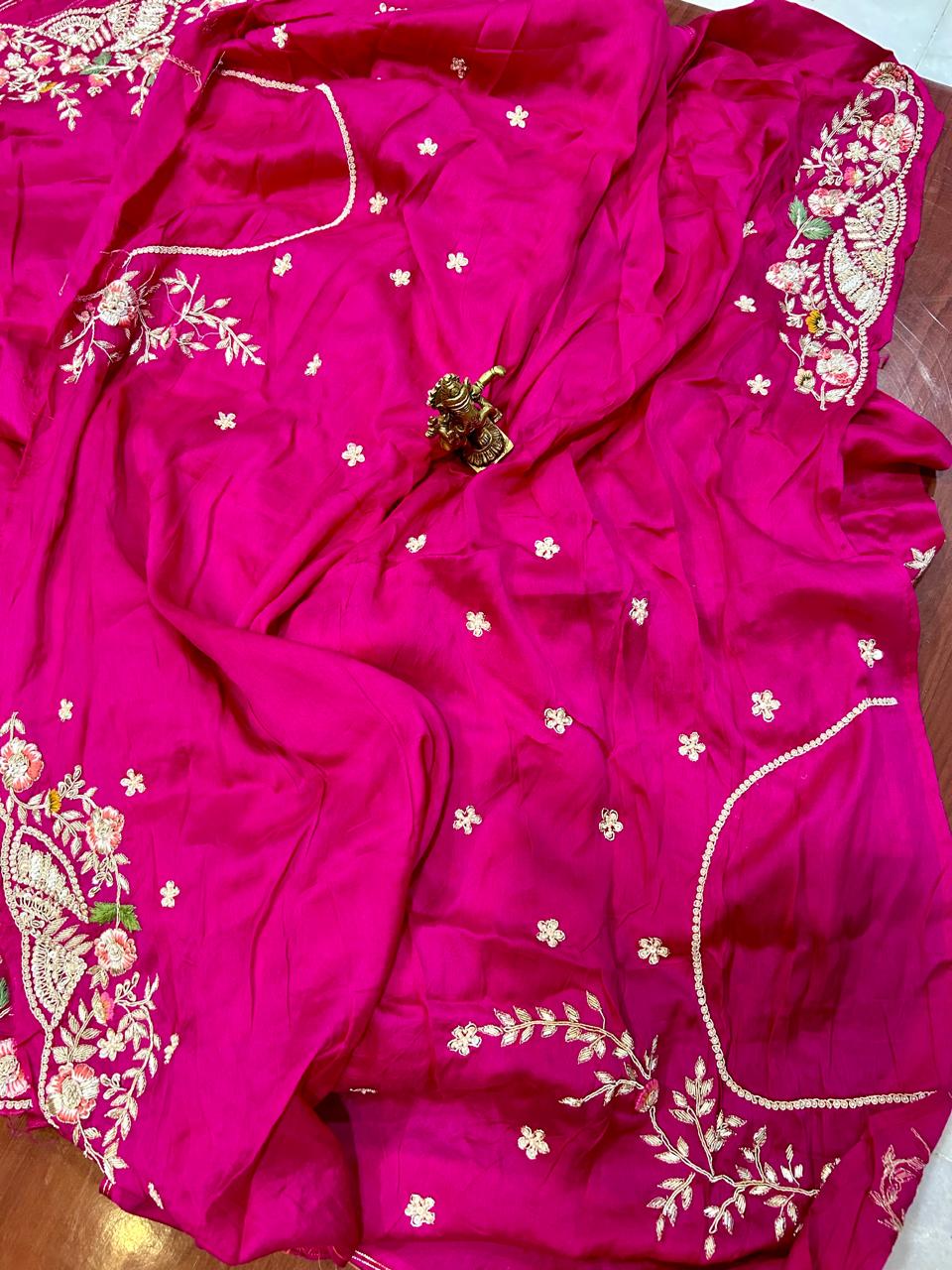 Heavy Zardozi Handwork Pure Crepe Satin Crepe silk saree in Hot Pink color - Kalyanam By Swati