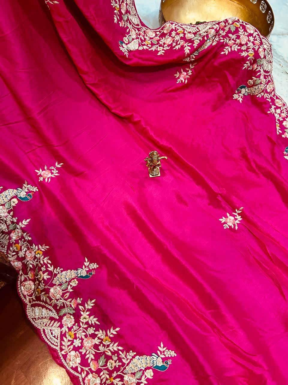 Heavy Zardozi Handwork Pure Crepe Satin Crepe silk saree in Hot Pink color - Kalyanam By Swati