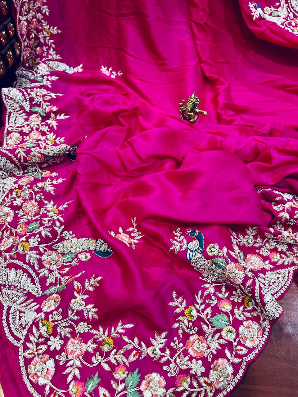 Heavy Zardozi Handwork Pure Crepe Satin Crepe silk saree in Hot Pink color - Kalyanam By Swati