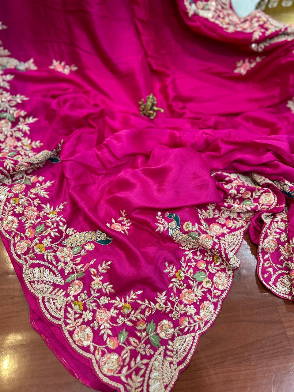 Heavy Zardozi Handwork Pure Crepe Satin Crepe silk saree in Hot Pink color - Kalyanam By Swati