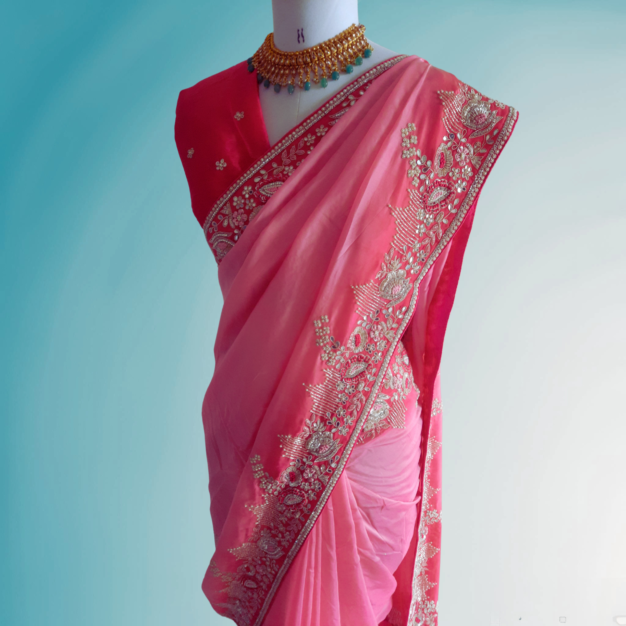 Pure crepe satin silk saree in heavy zardozi handwork in pink color - Kalyanam By Swati