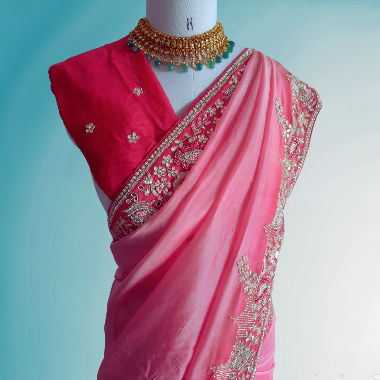 Pure crepe satin silk saree in heavy zardozi handwork in pink color - Kalyanam By Swati