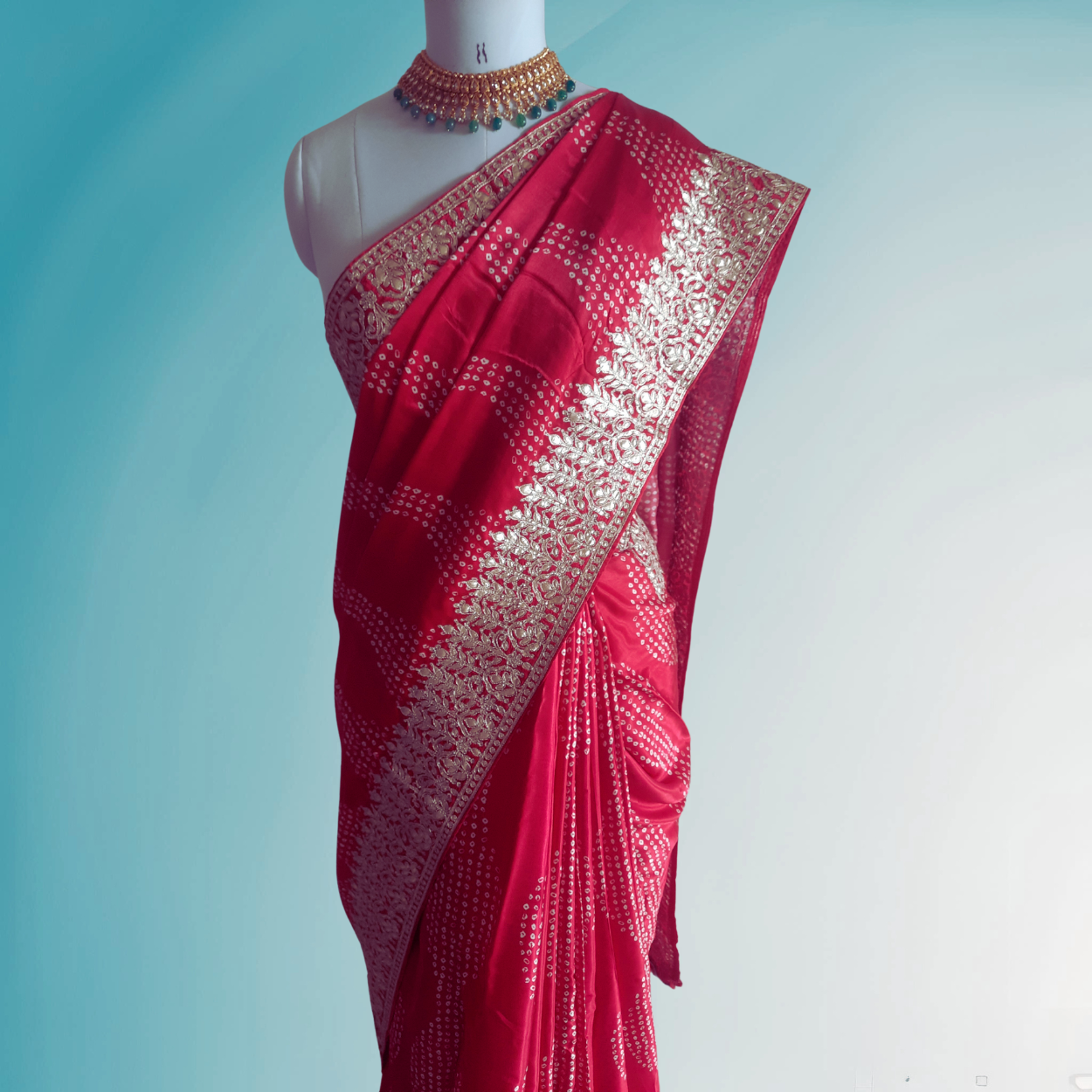 Banarasi Gajji Satin Silk Bandhej Saree in all over gota patti hand work - Kalyanam By Swati