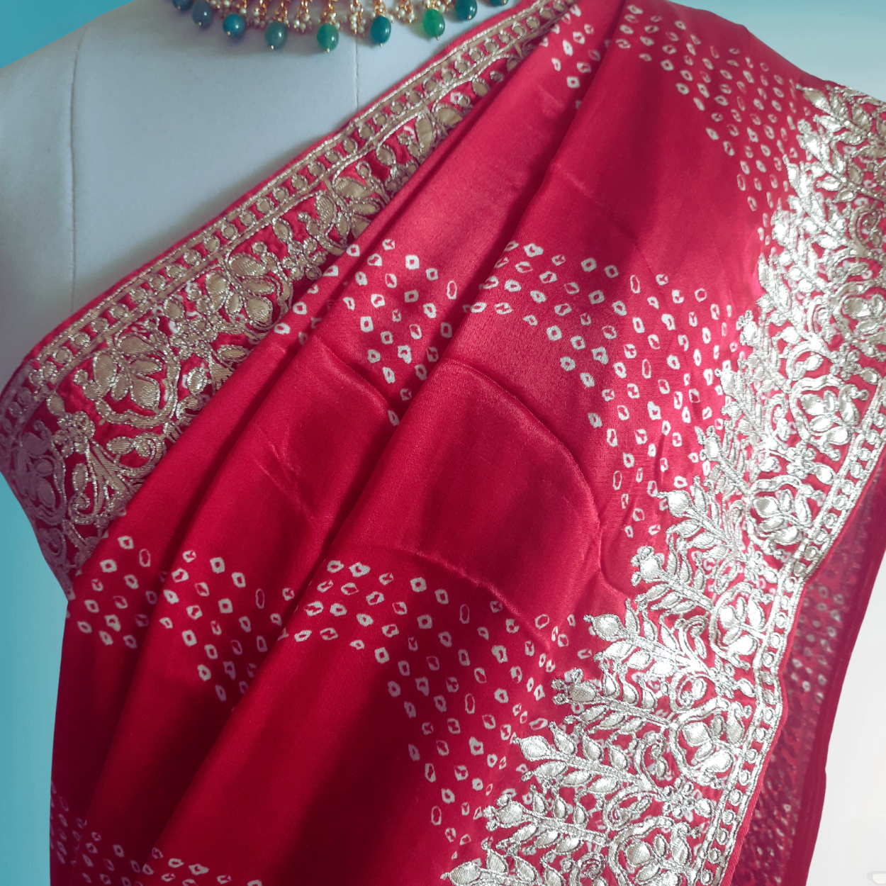 Banarasi Gajji Satin Silk Bandhej Saree in all over gota patti hand work - Kalyanam By Swati