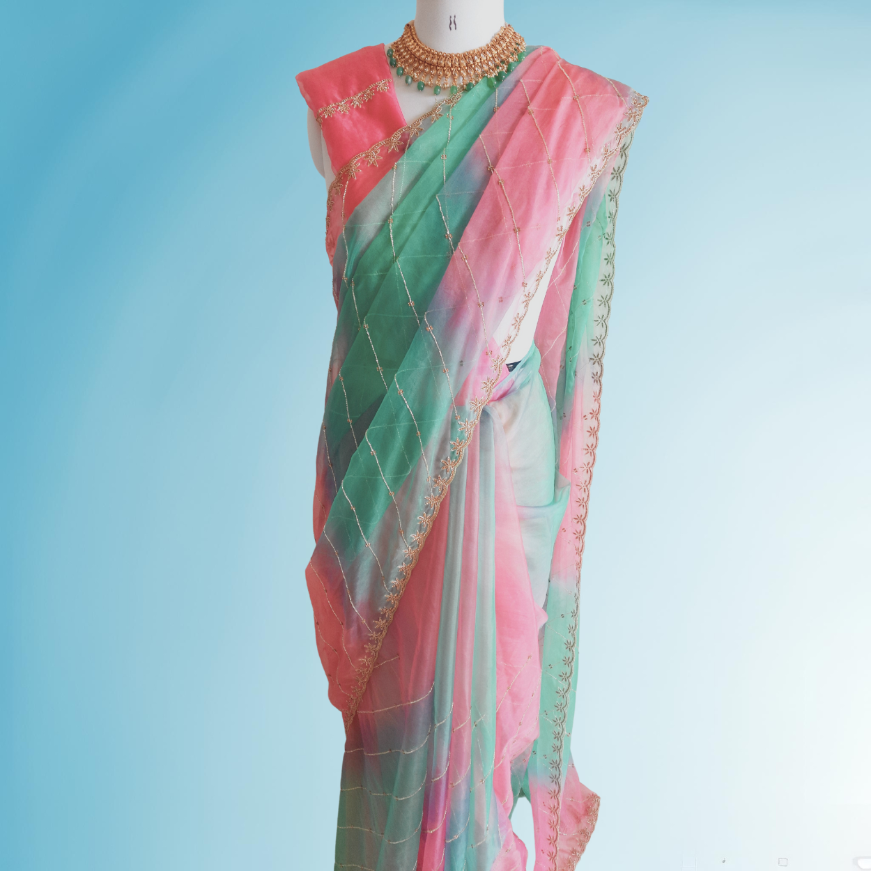 Pink shaded Pure Organza Saree in cutdana and stones handwork - Kalyanam By Swati