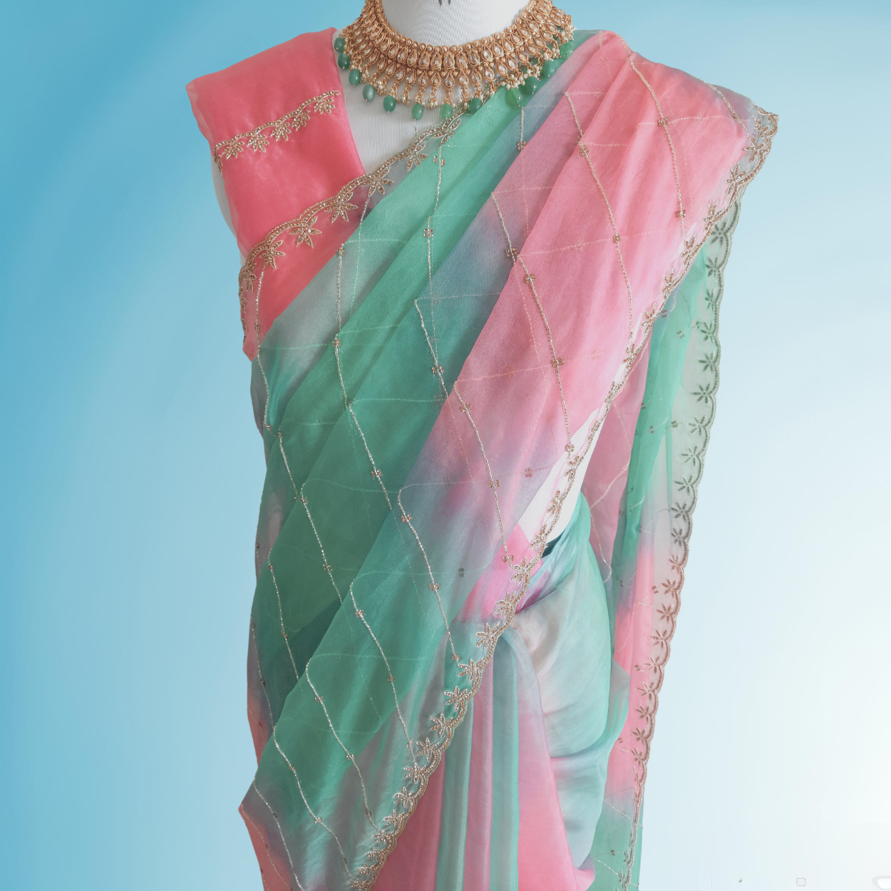 Pink shaded Pure Organza Saree in cutdana and stones handwork - Kalyanam By Swati