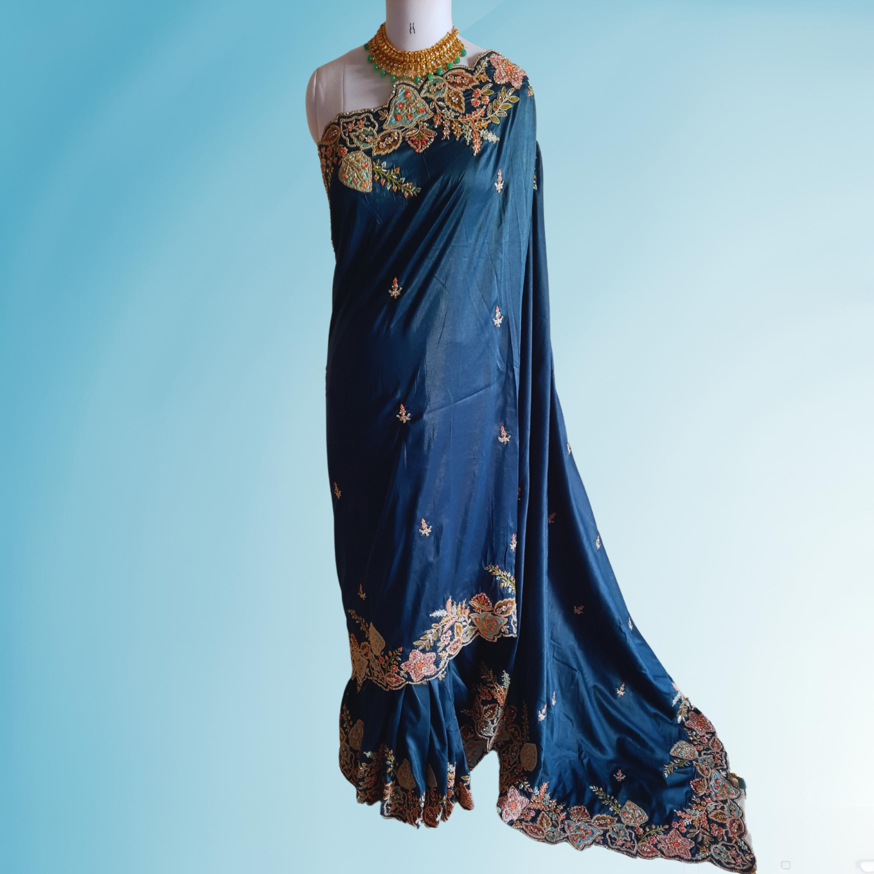 Pure chinnon crepe silk saree in resham dori hand embroidery in peacock blue color - Kalyanam By Swati