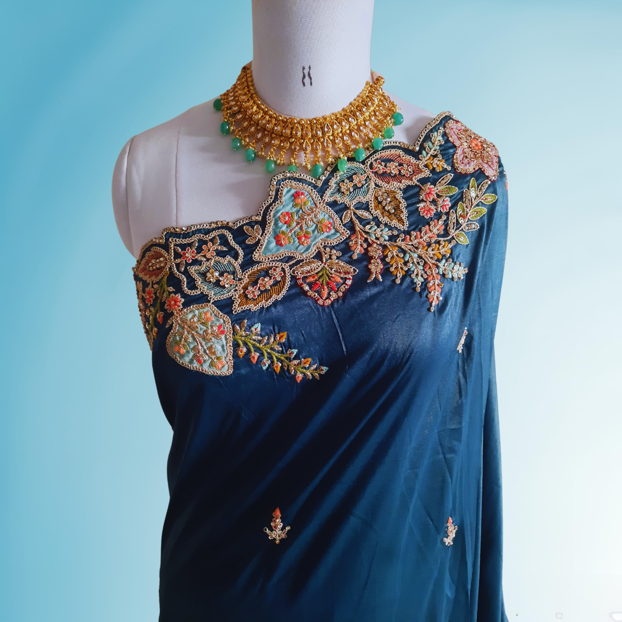 Pure chinnon crepe silk saree in resham dori hand embroidery in peacock blue color - Kalyanam By Swati