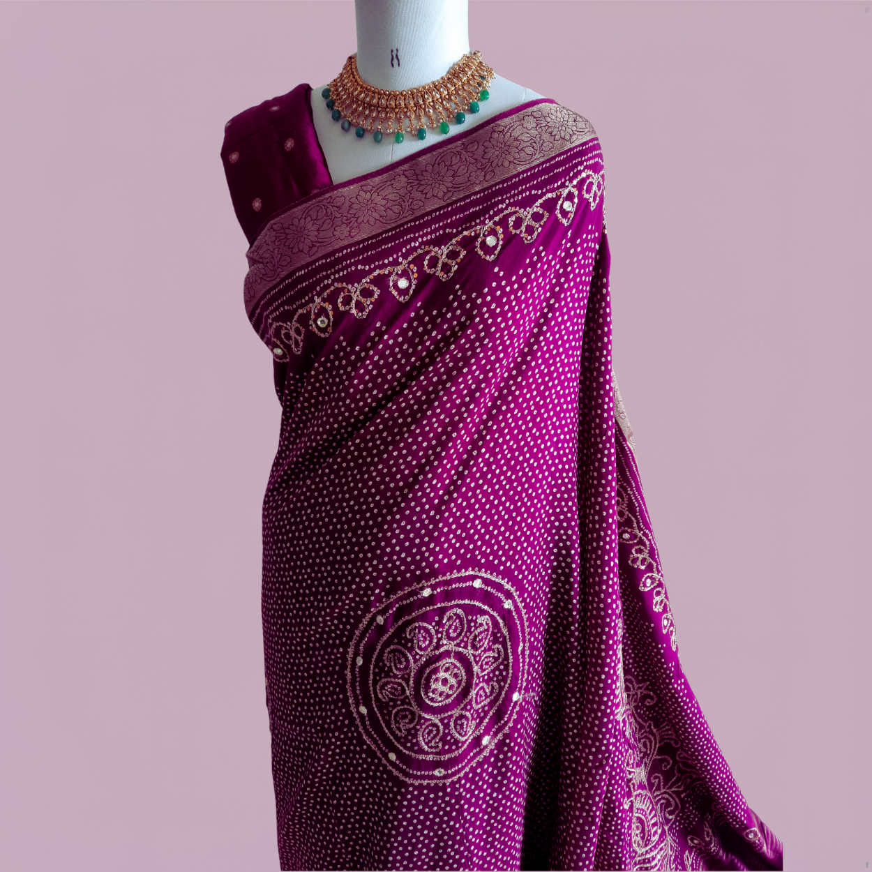 Pure banarasi munga silk bandhej saree in hand dabka work and peacock motifs - Kalyanam By Swati