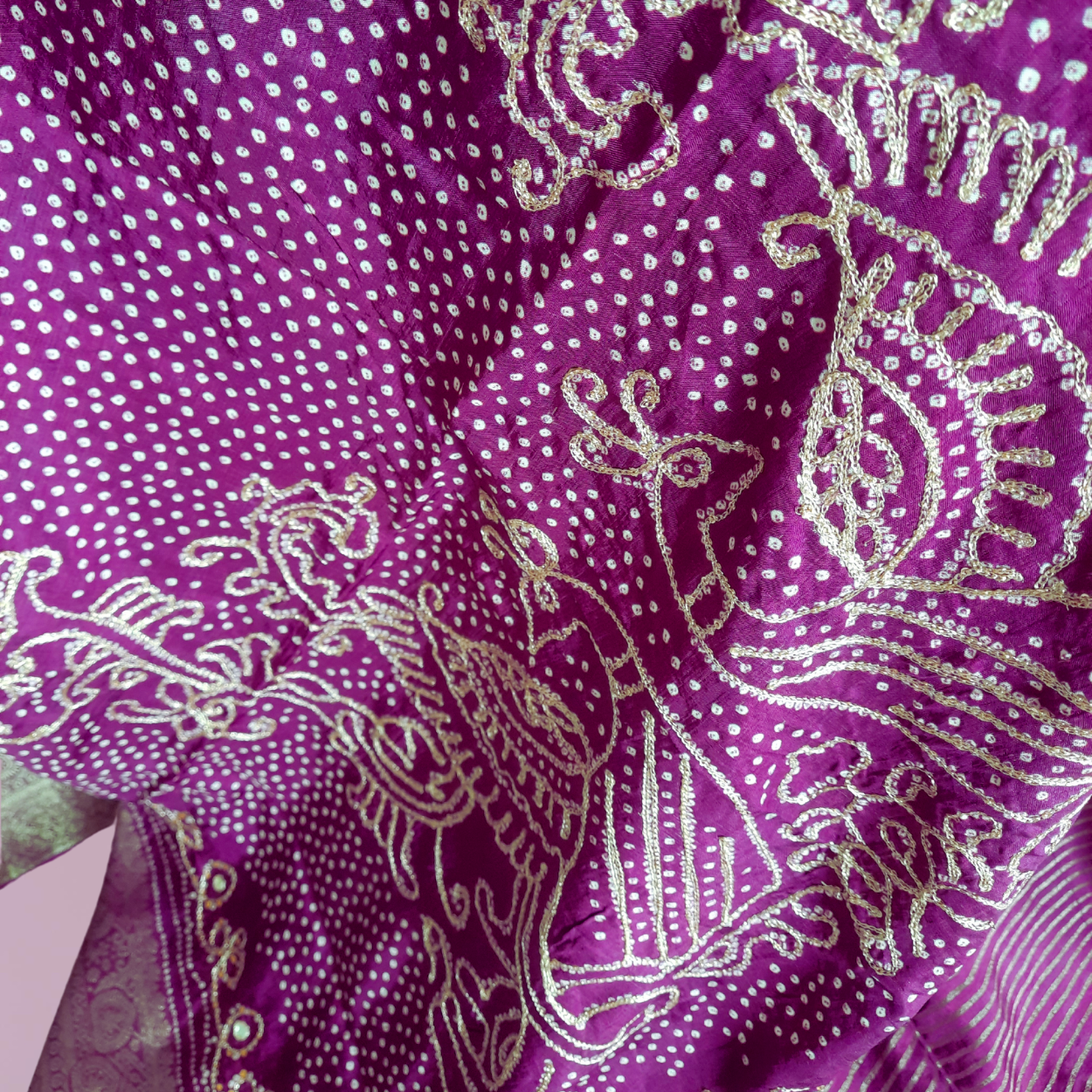 Pure banarasi munga silk bandhej saree in hand dabka work and peacock motifs - Kalyanam By Swati