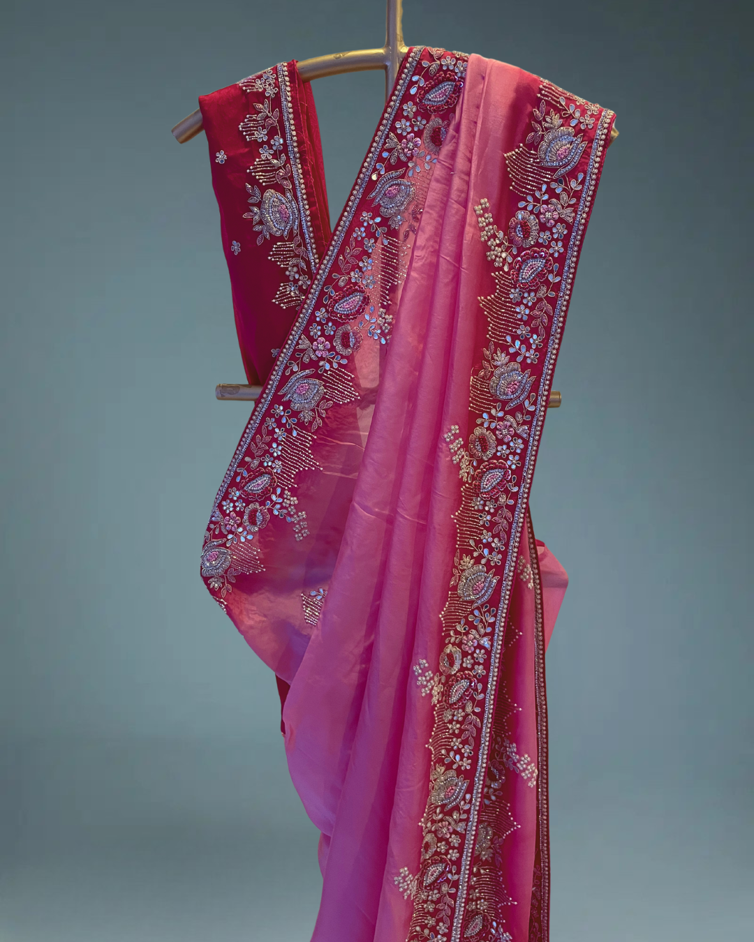 Heirloom Pure crepe satin silk saree in heavy zardozi handwork in pink color