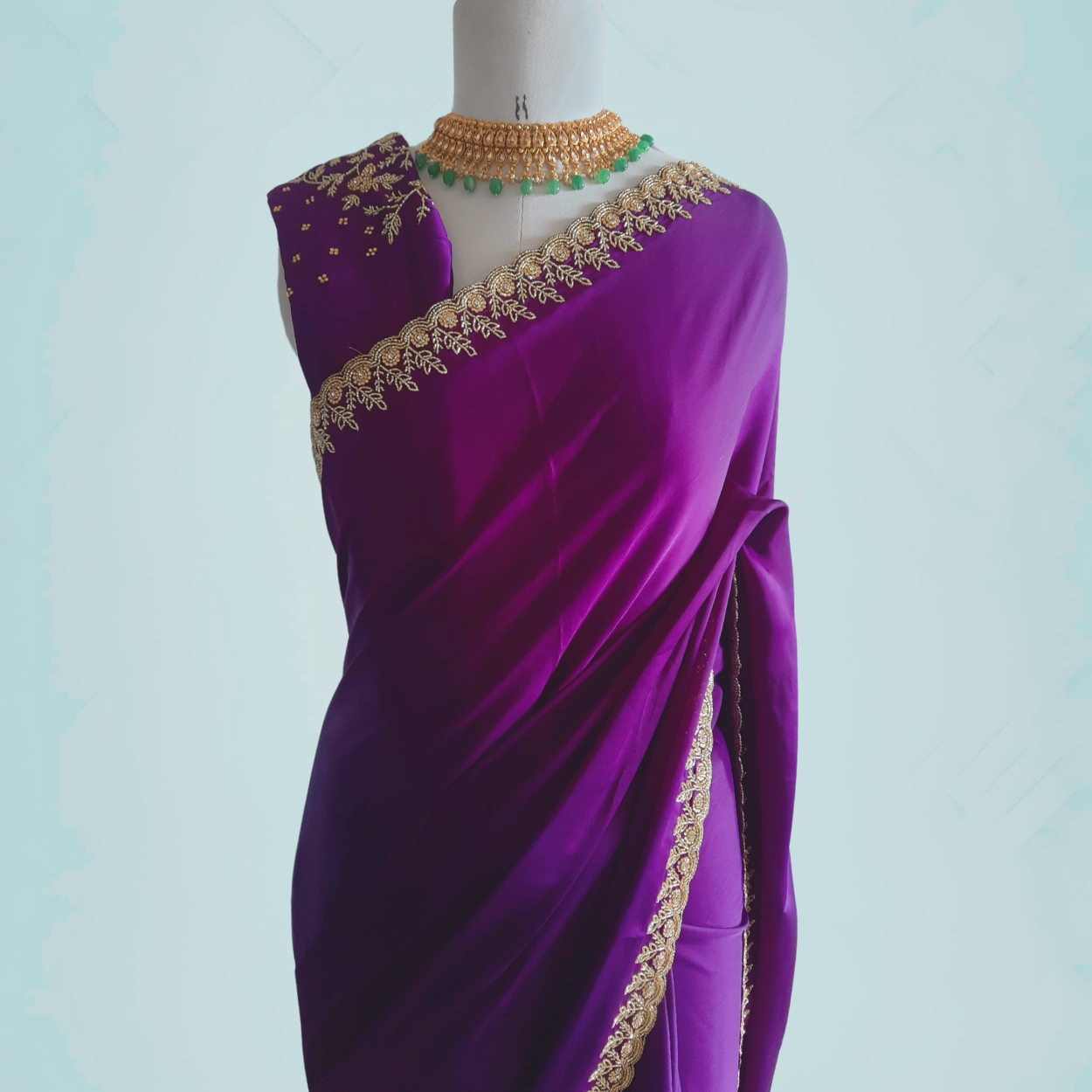 Pure Satin Crepe silk designer party wear saree in Purple - Kalyanam By Swati