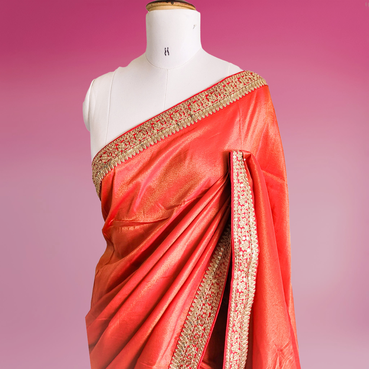 Red Tissue Silk saree in Handmade Borders - Kalyanam By Swati