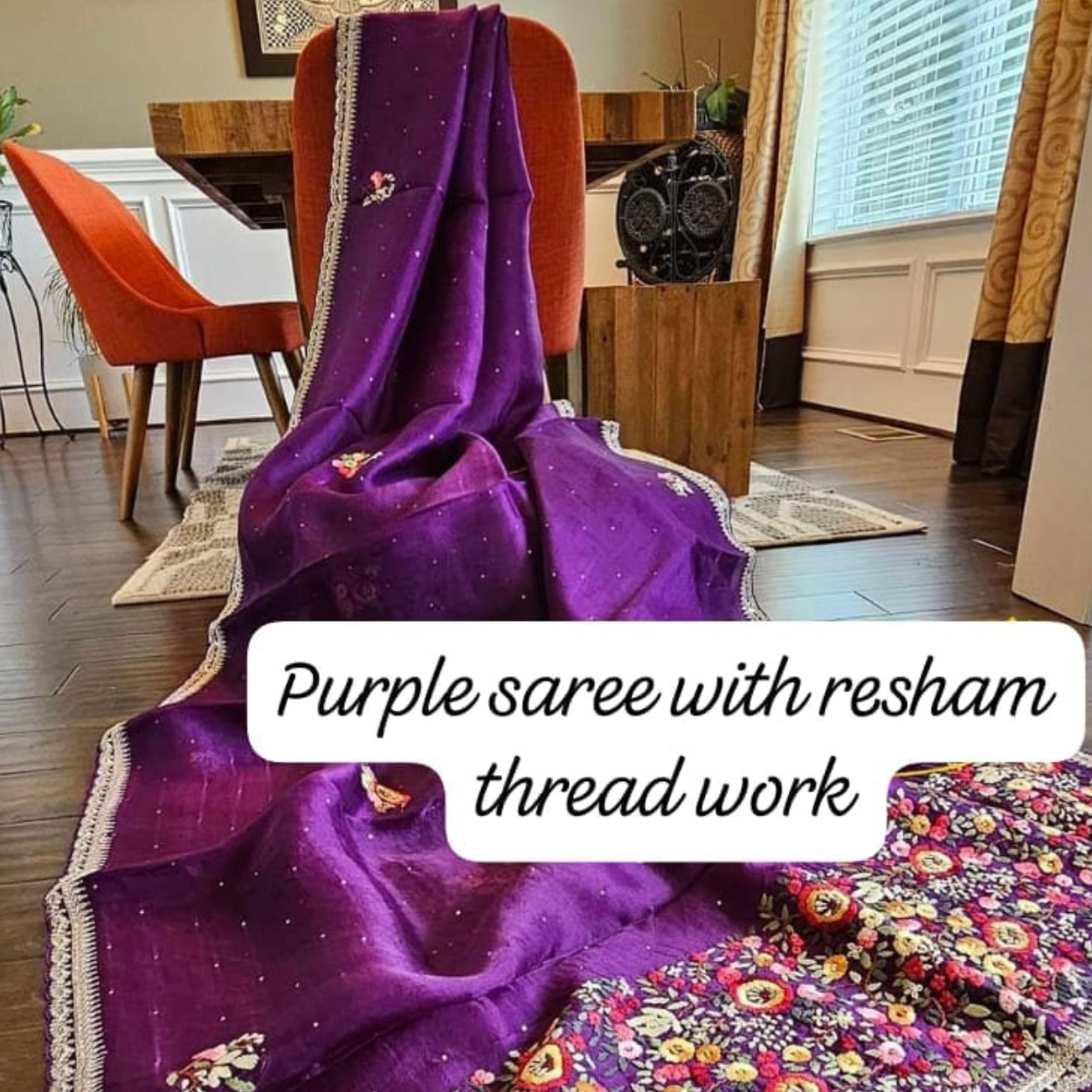 Designer organza silk saree in hand resham thread kantha embroidery (Made on Order) - Kalyanam By Swati