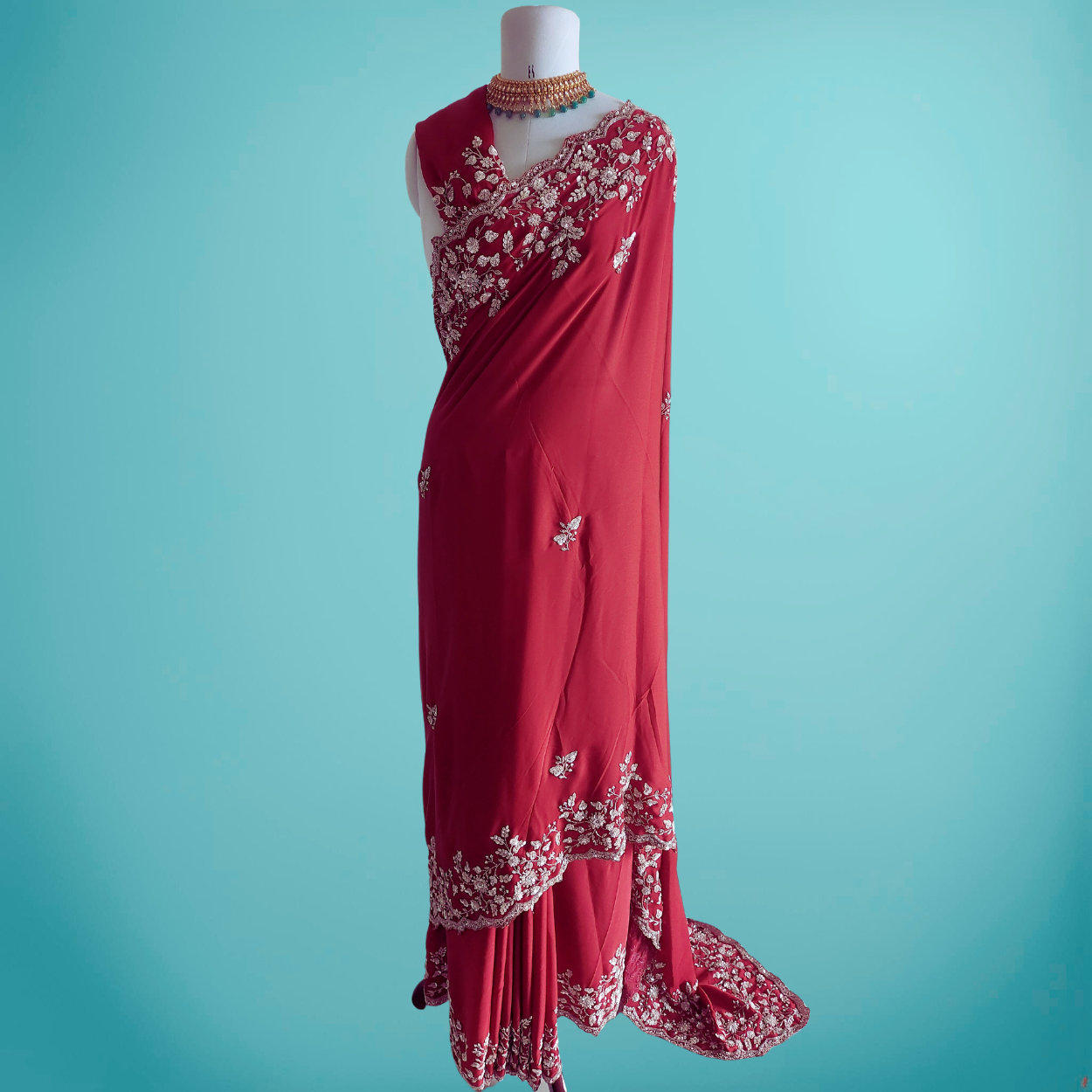 Party wear Pure Crepe Satin Crepe silk saree in Maroon red color - Kalyanam By Swati