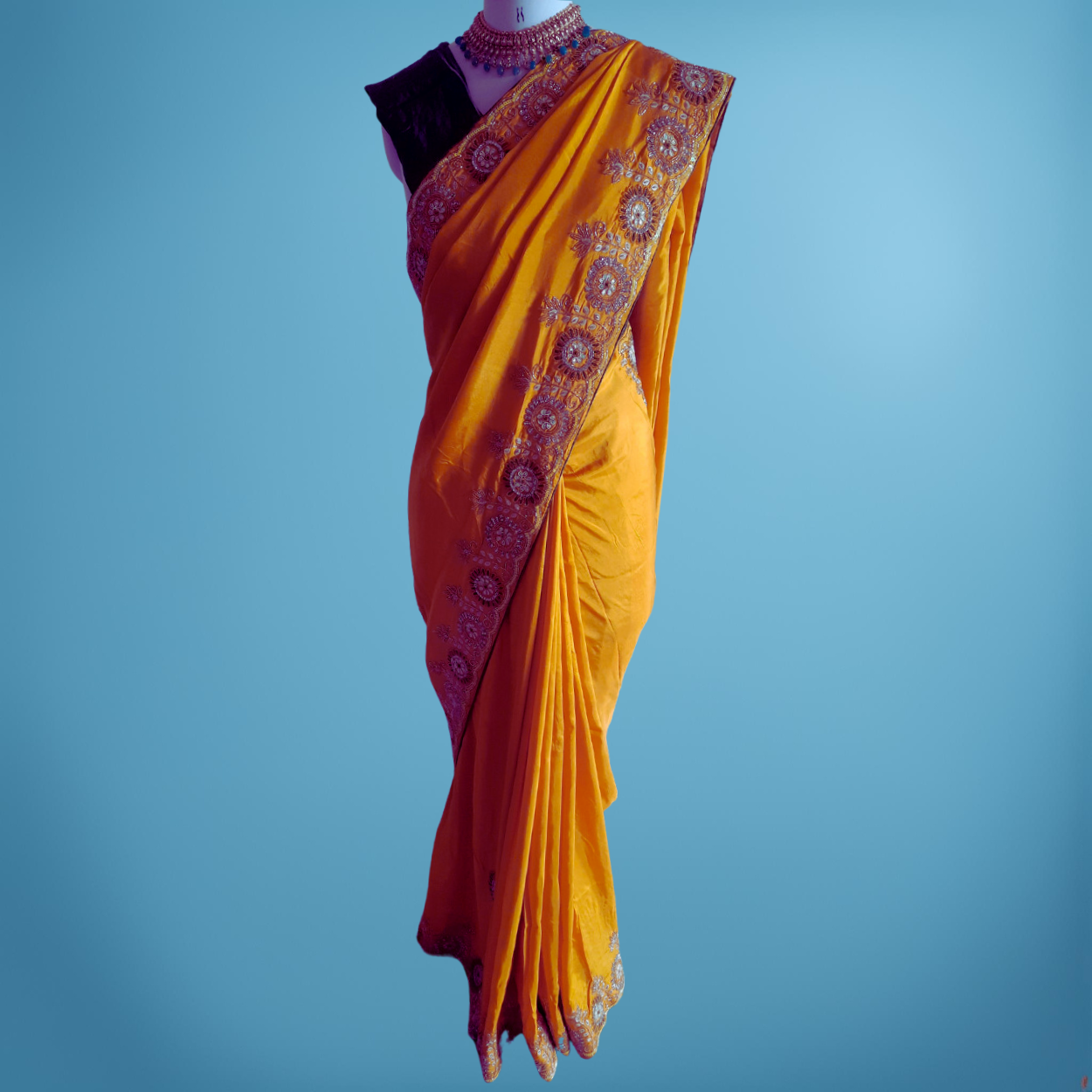 Pure Crepe Satin Silk Saree in Yellow color with heavy handwork - Kalyanam By Swati