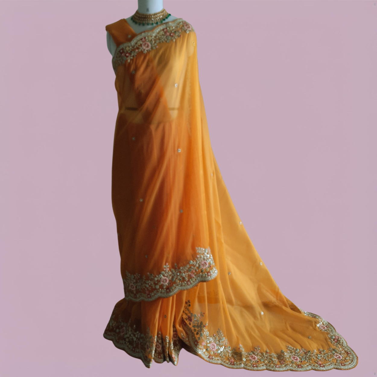 Pure Organza Net Saree in heavy resham thread handwork in turmeric yellow color - Kalyanam By Swati