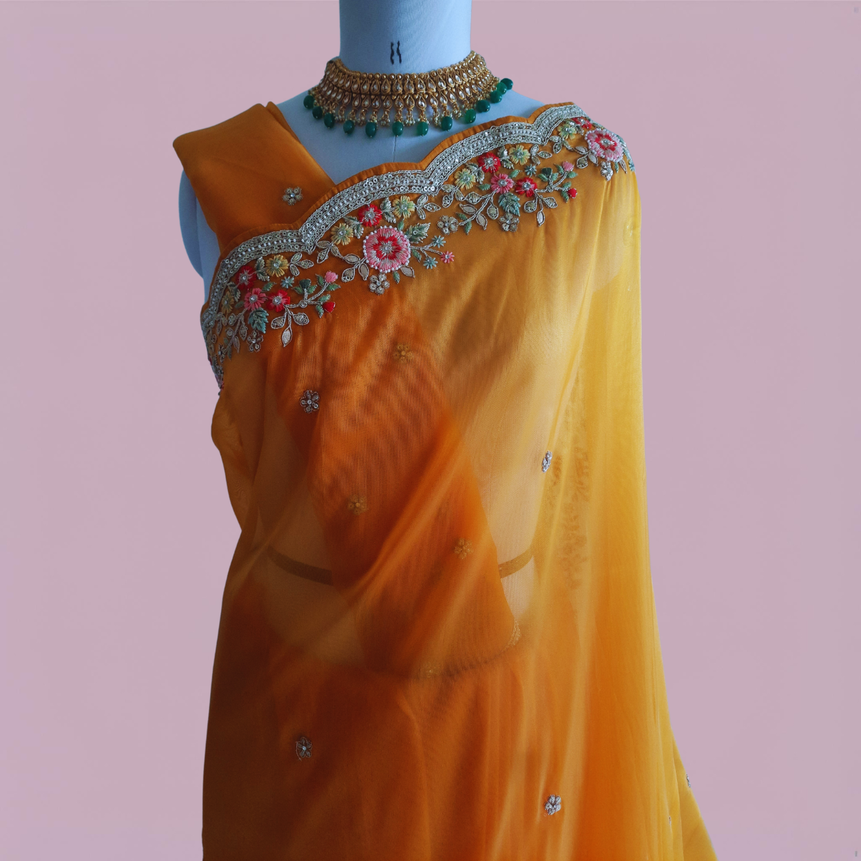 Pure Organza Net Saree in heavy resham thread handwork in turmeric yellow color - Kalyanam By Swati