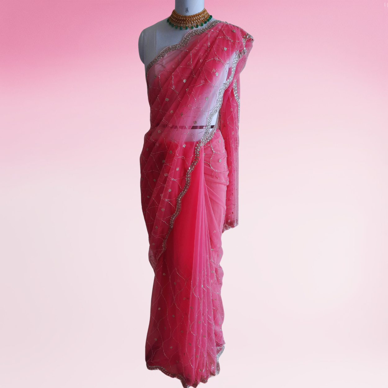 Net Saree in stone and cutdana jaal handwork all over saree in pink color - Kalyanam By Swati