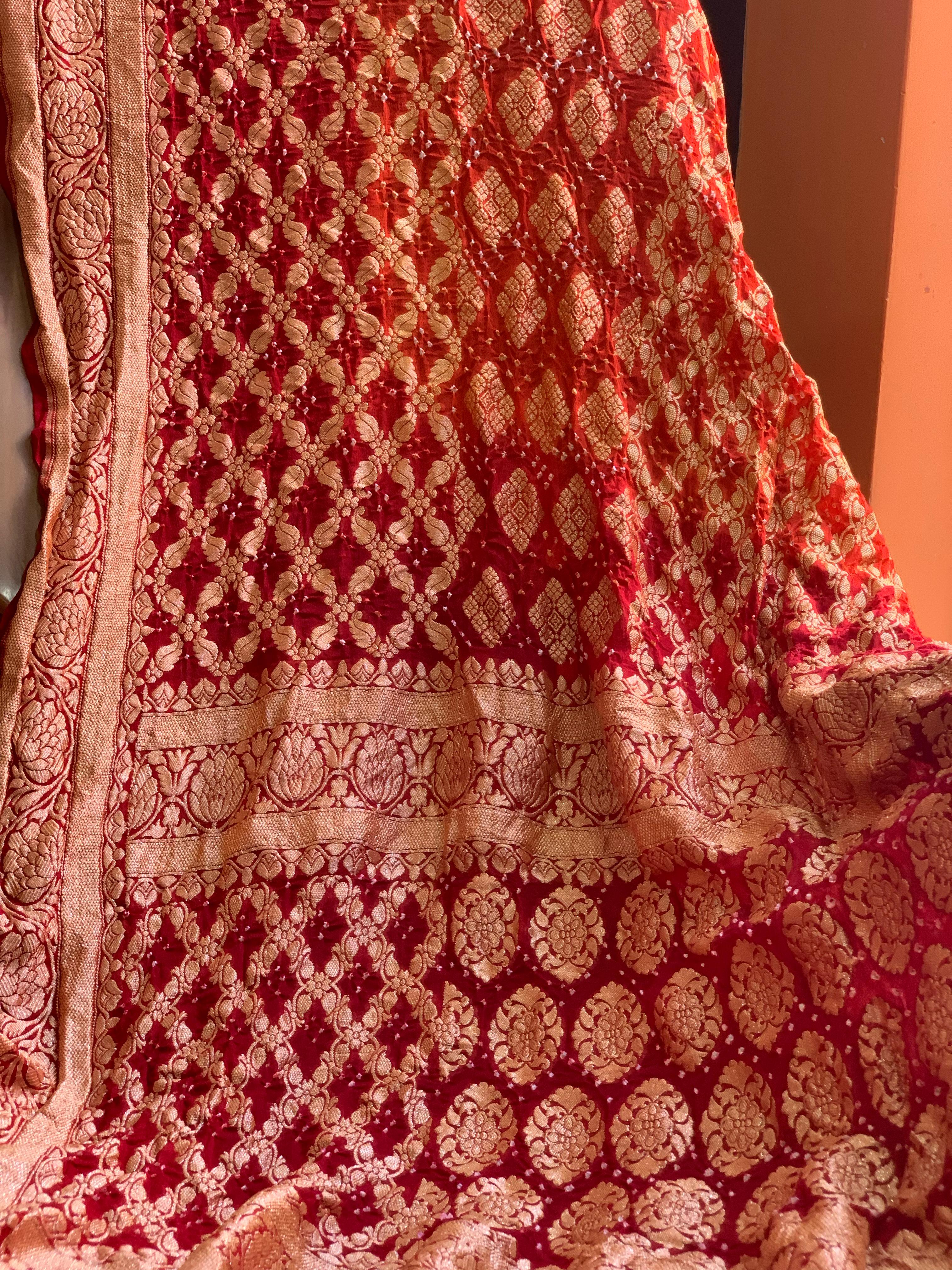 Pure Banarasi Khaddi Georgette Neemzari Hand Bandhej Dupatta - Kalyanam By Swati