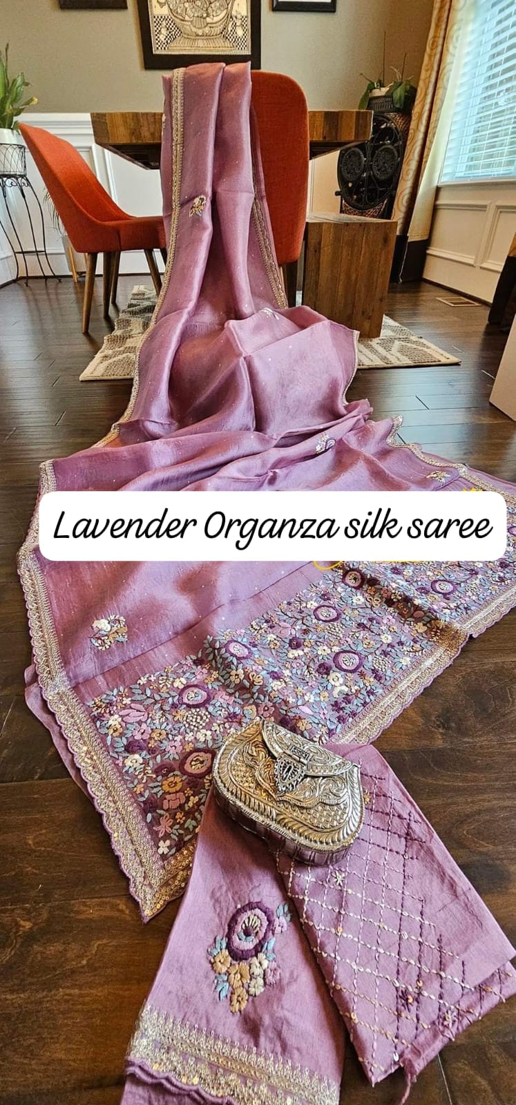 Designer organza silk saree in hand resham thread kantha embroidery (Made on Order) - Kalyanam By Swati